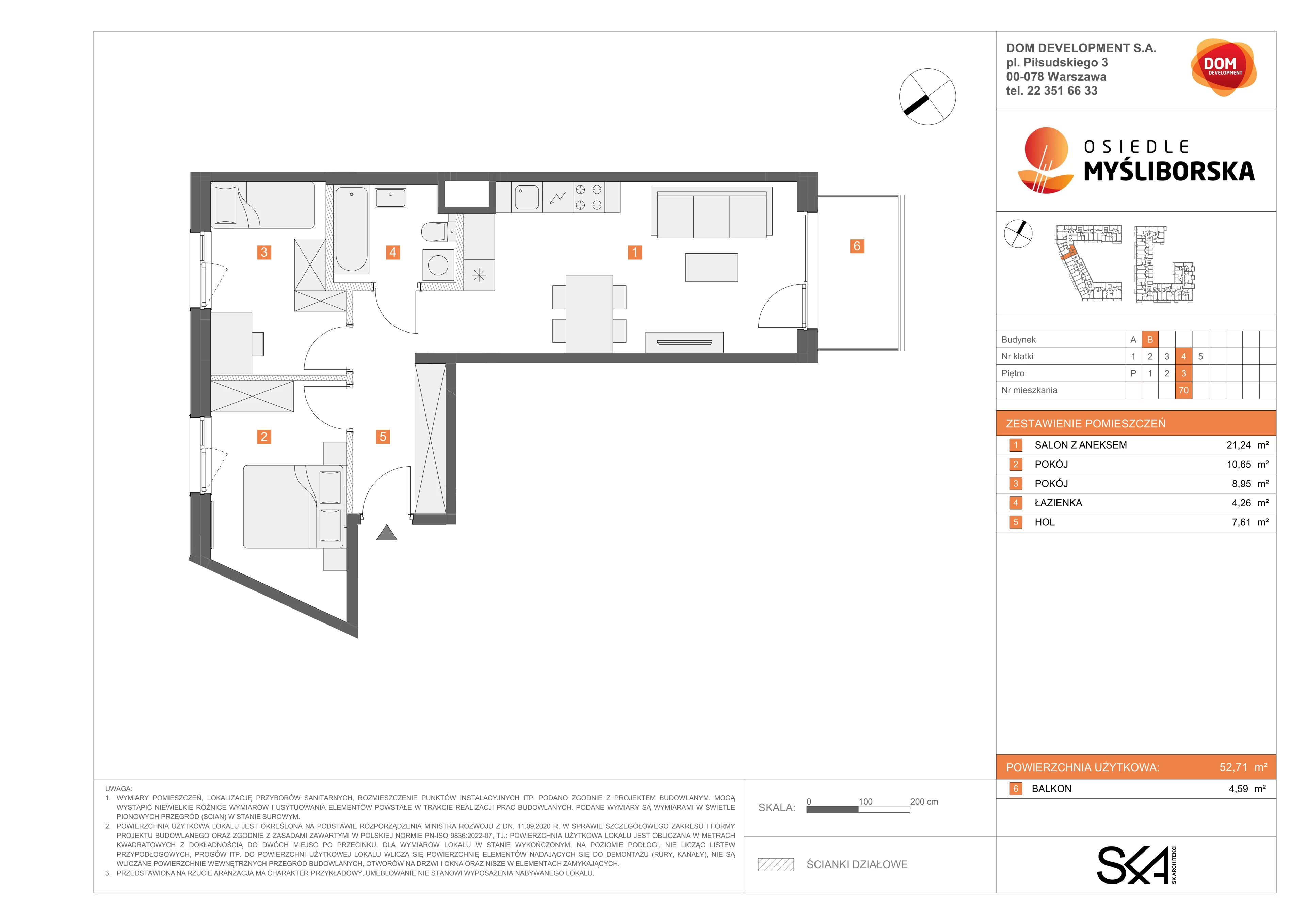 3 pokoje, mieszkanie 52,71 m², piętro 3, oferta nr B/70, Osiedle Myśliborska, Warszawa, Białołęka, Żerań, ul. Myśliborska / Ochorowicza