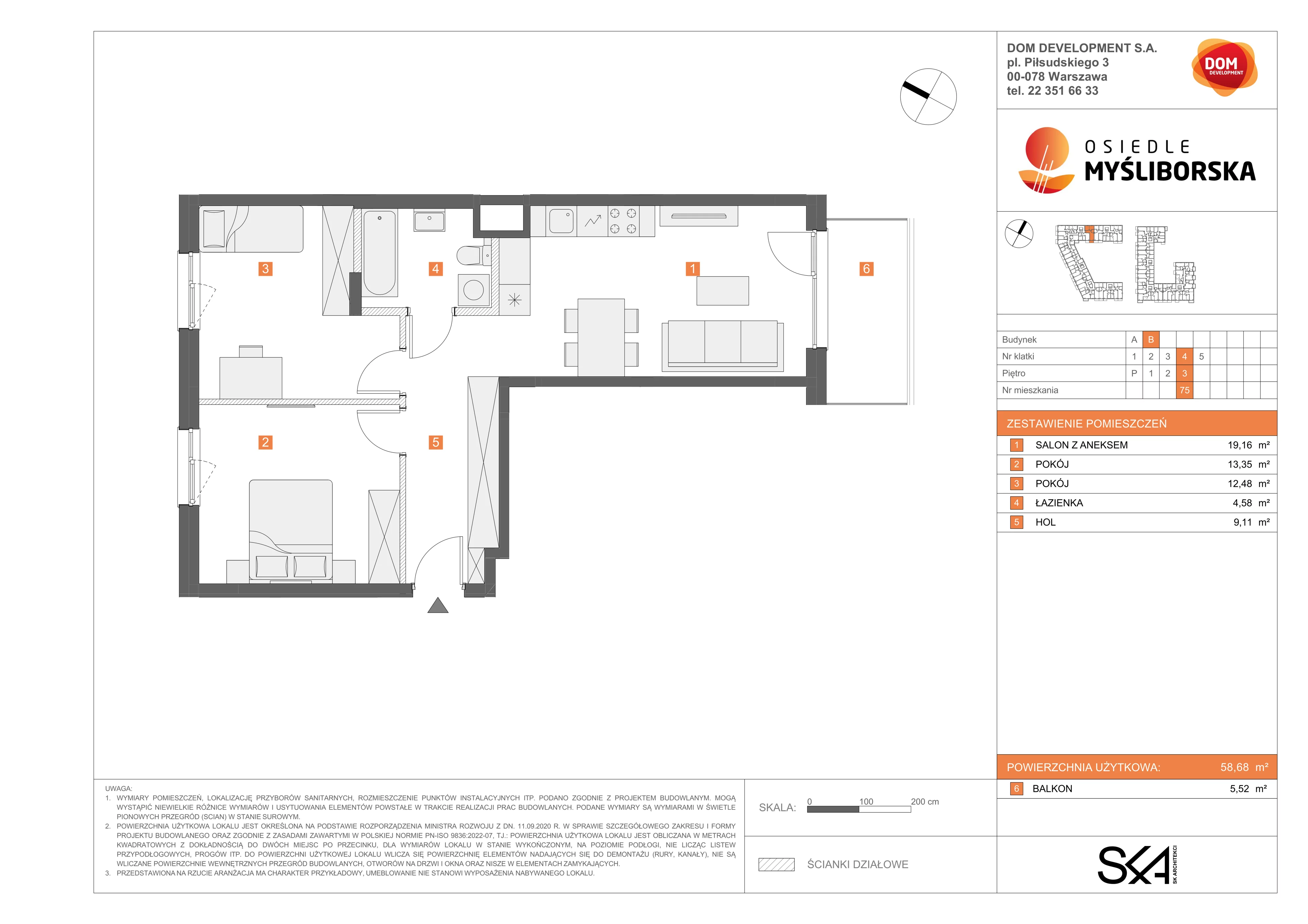 3 pokoje, mieszkanie 58,68 m², piętro 3, oferta nr B/75, Osiedle Myśliborska, Warszawa, Białołęka, Żerań, ul. Myśliborska / Ochorowicza