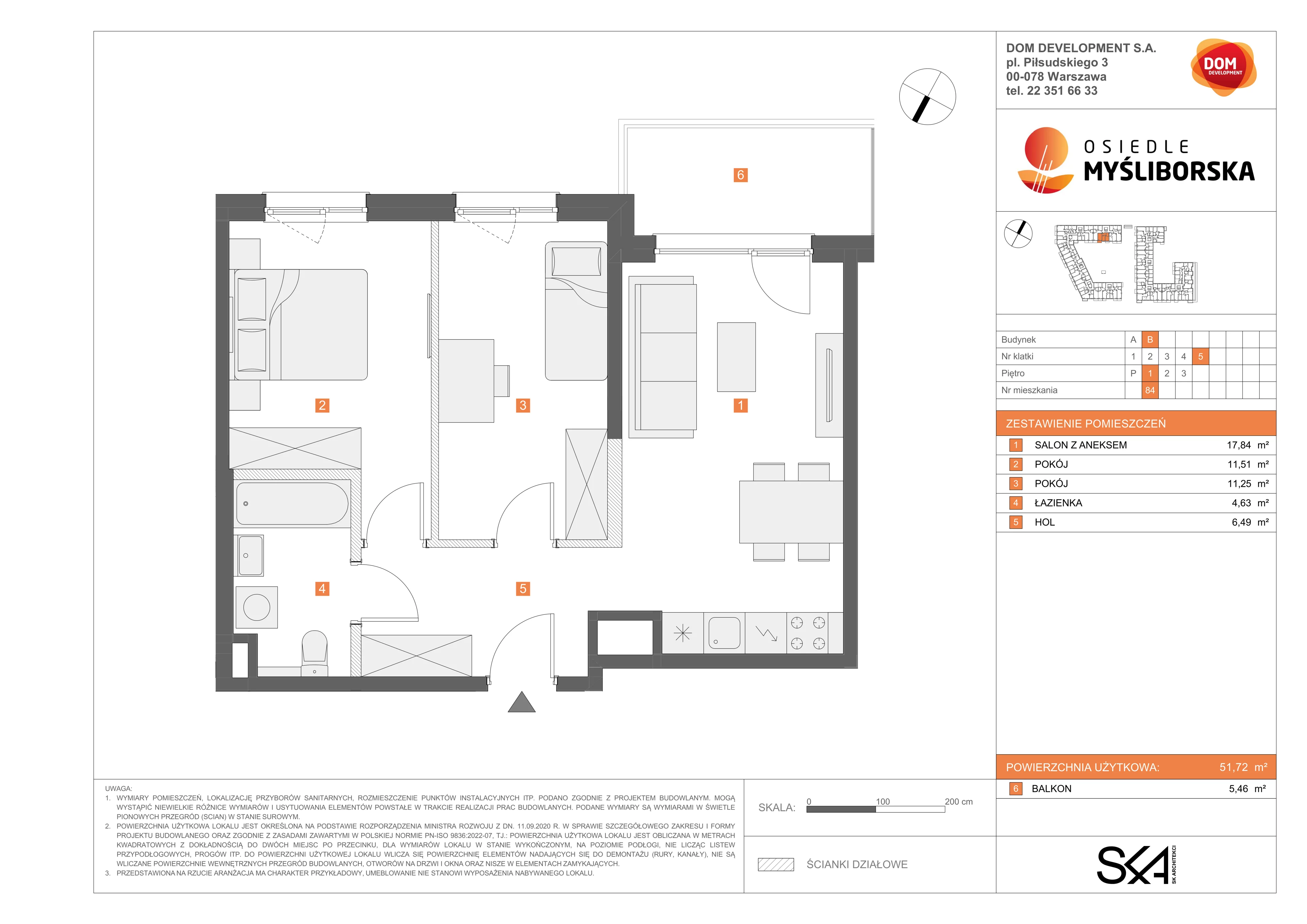 3 pokoje, mieszkanie 51,72 m², piętro 1, oferta nr B/84, Osiedle Myśliborska, Warszawa, Białołęka, Żerań, ul. Myśliborska / Ochorowicza