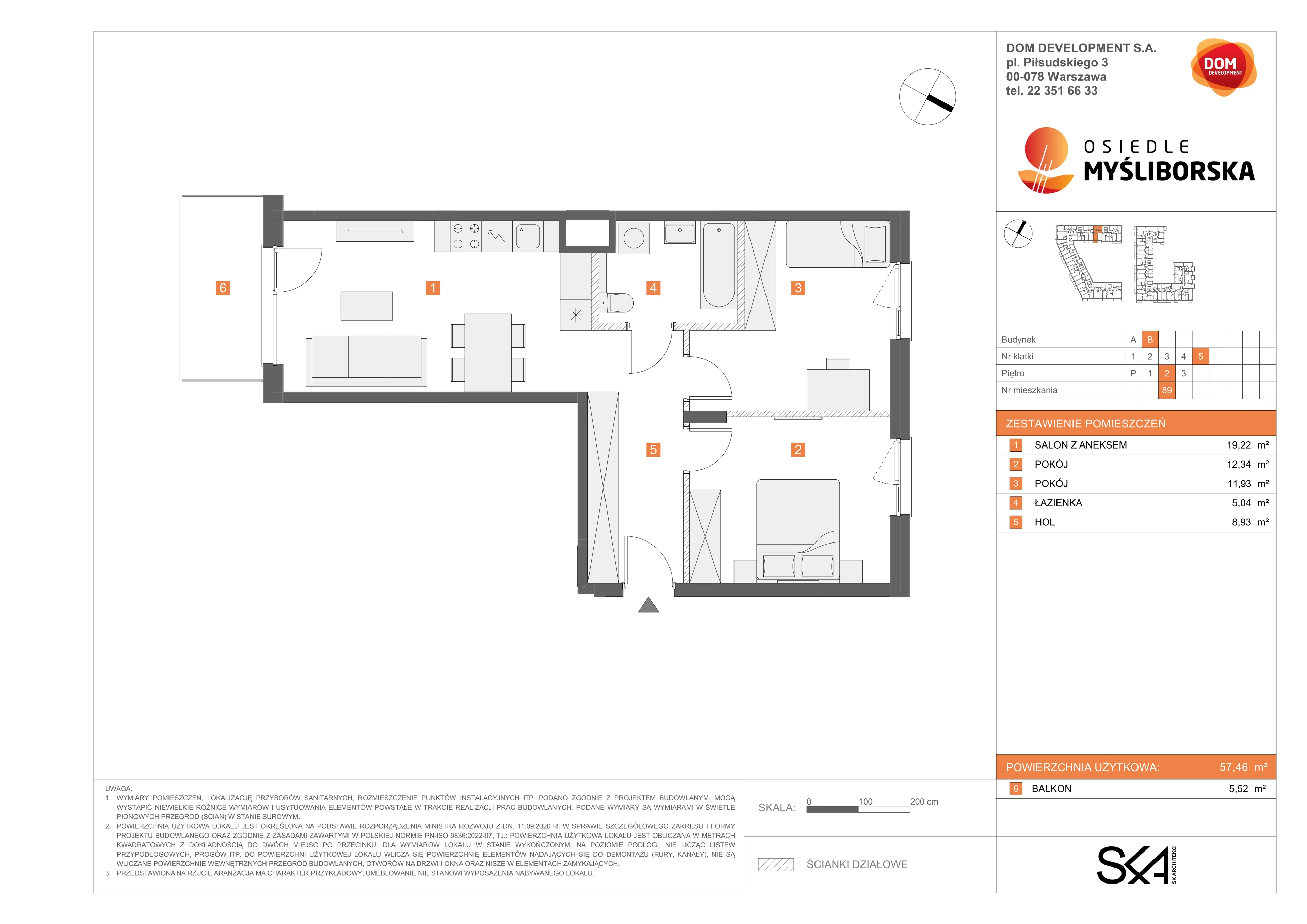 3 pokoje, mieszkanie 57,46 m², piętro 2, oferta nr B/89, Osiedle Myśliborska, Warszawa, Białołęka, Żerań, ul. Myśliborska / Ochorowicza