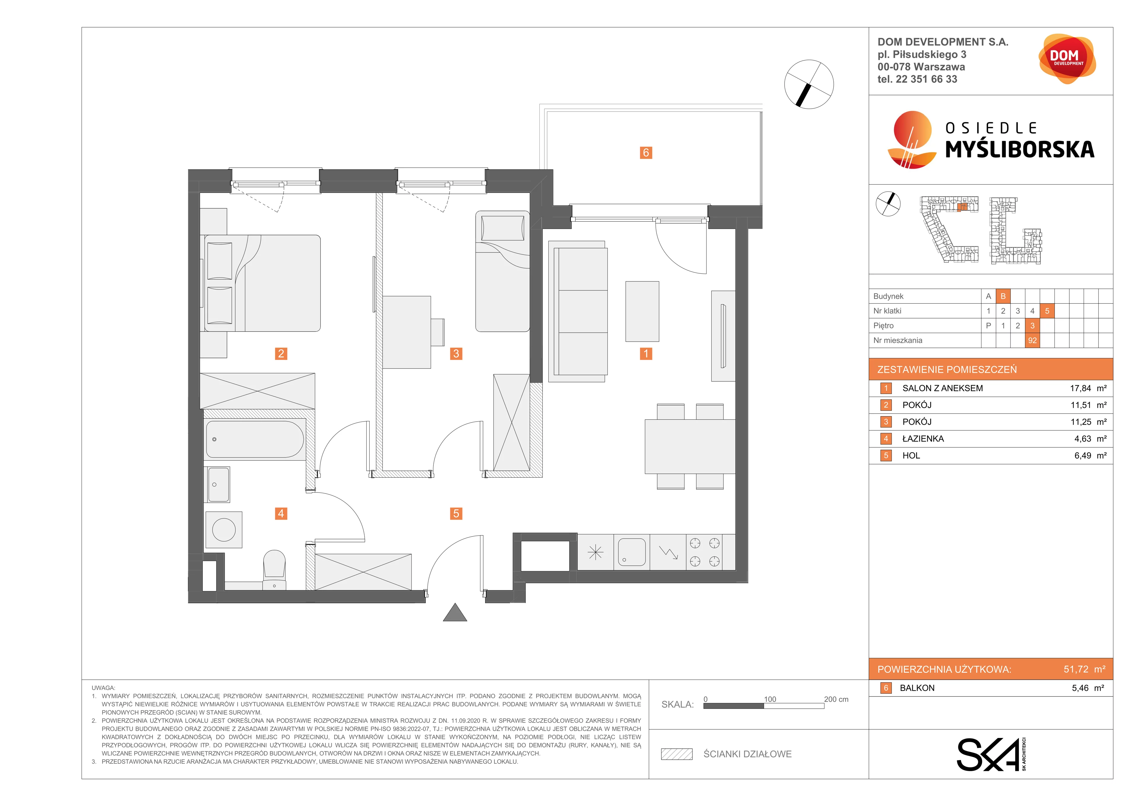 3 pokoje, mieszkanie 51,72 m², piętro 3, oferta nr B/92, Osiedle Myśliborska, Warszawa, Białołęka, Żerań, ul. Myśliborska / Ochorowicza