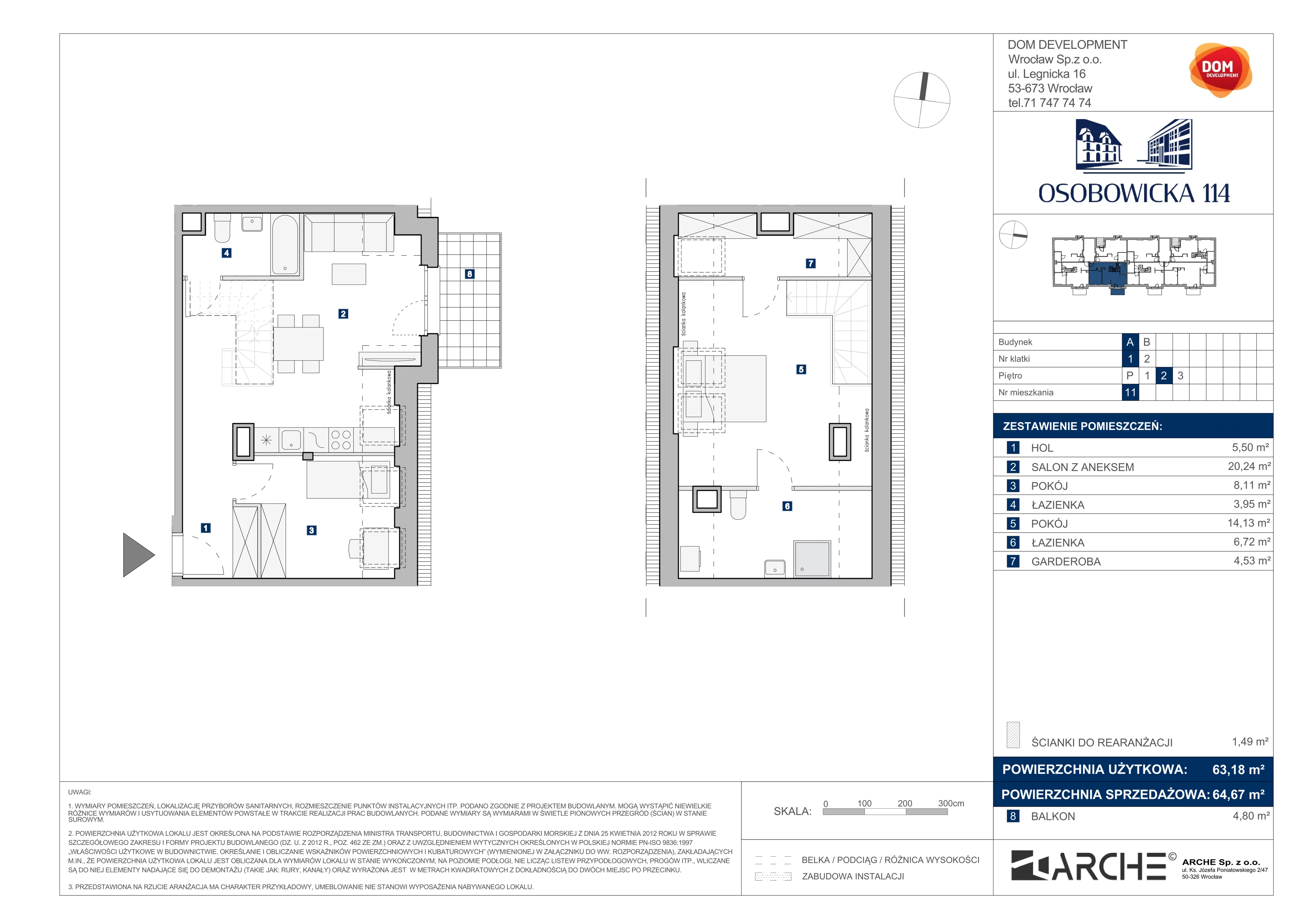 3 pokoje, mieszkanie 64,67 m², piętro 2, oferta nr A/11, Osobowicka 114, Wrocław, Osobowice-Rędzin, Fabryczna, ul. Osobowicka 114