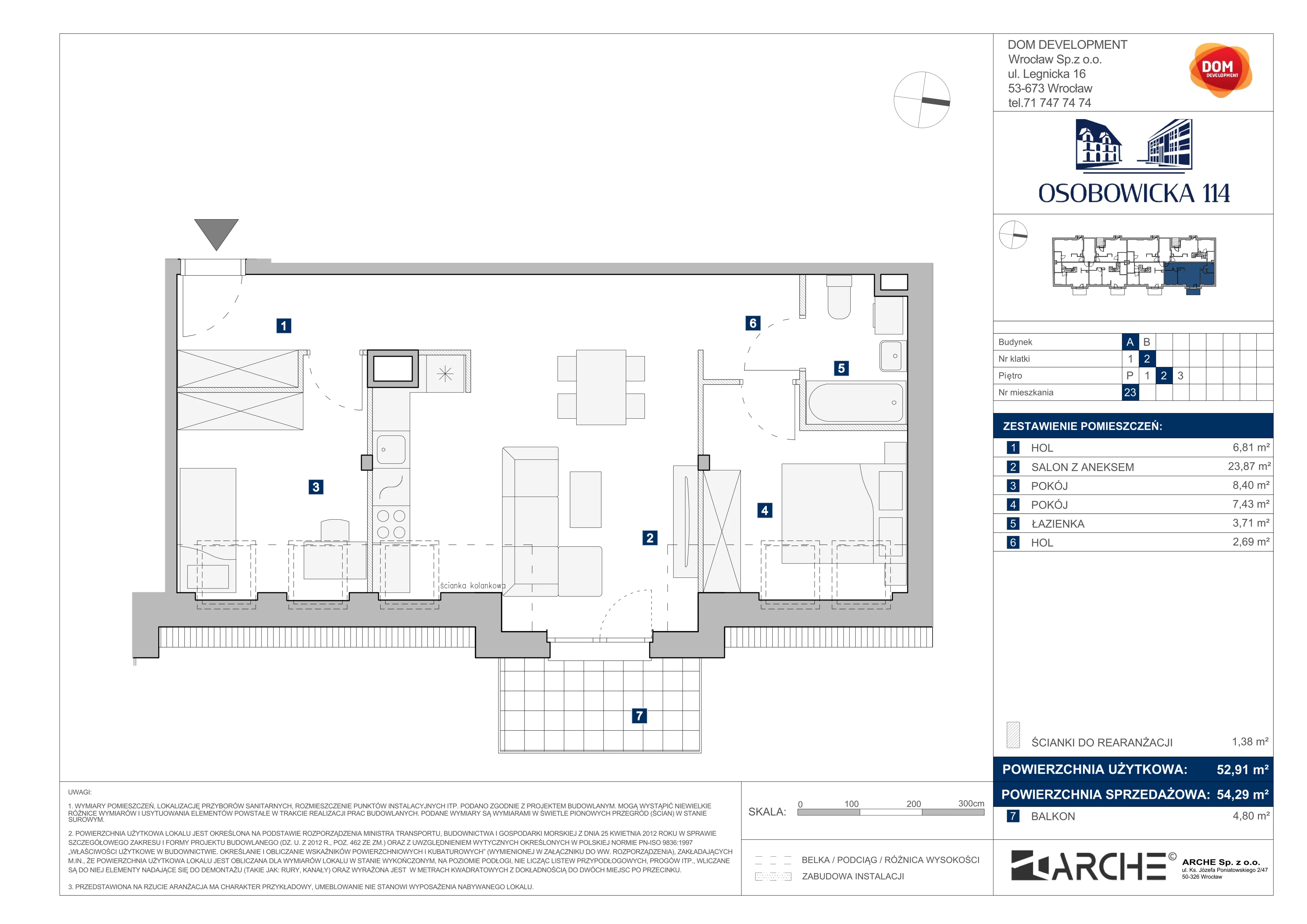 3 pokoje, mieszkanie 54,29 m², piętro 2, oferta nr A/23, Osobowicka 114, Wrocław, Osobowice-Rędzin, Fabryczna, ul. Osobowicka 114