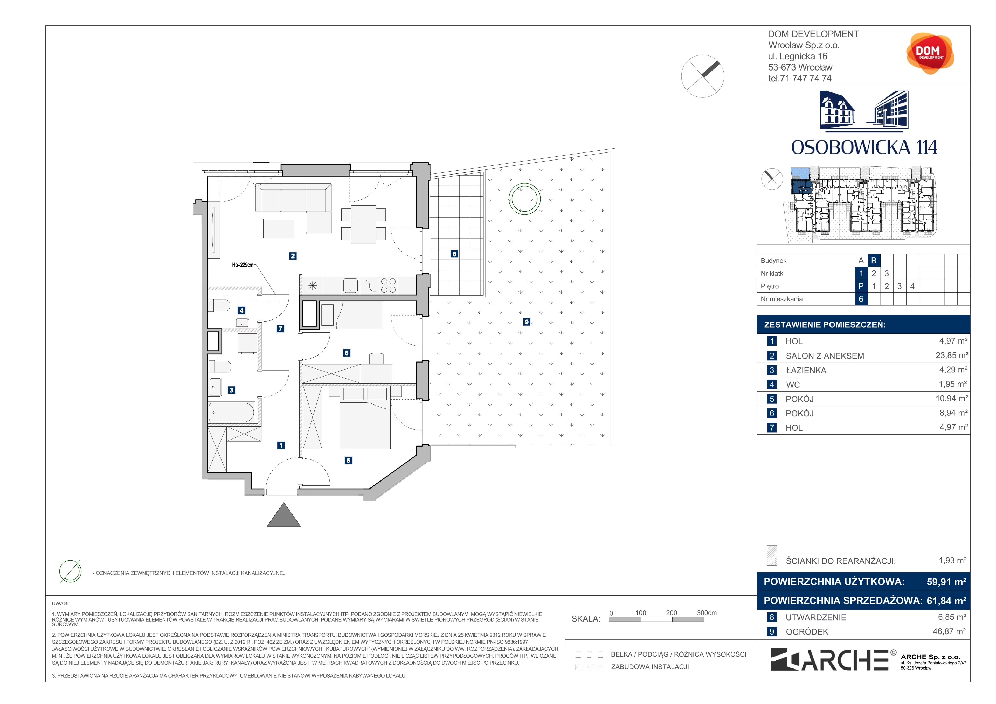 3 pokoje, mieszkanie 61,84 m², parter, oferta nr B/6, Osobowicka 114, Wrocław, Osobowice-Rędzin, Fabryczna, ul. Osobowicka 114