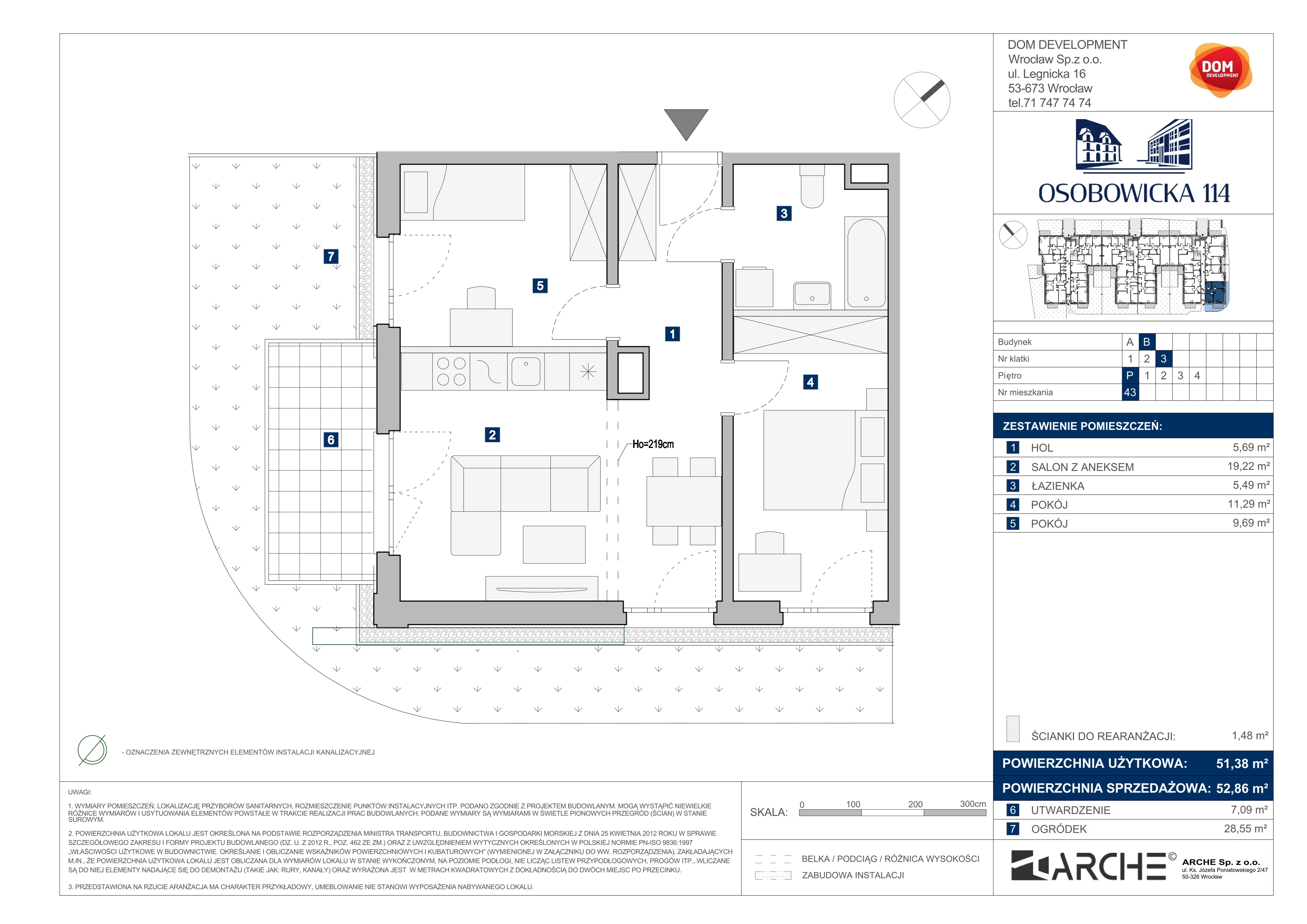 3 pokoje, mieszkanie 52,86 m², parter, oferta nr B/43, Osobowicka 114, Wrocław, Osobowice-Rędzin, Fabryczna, ul. Osobowicka 114