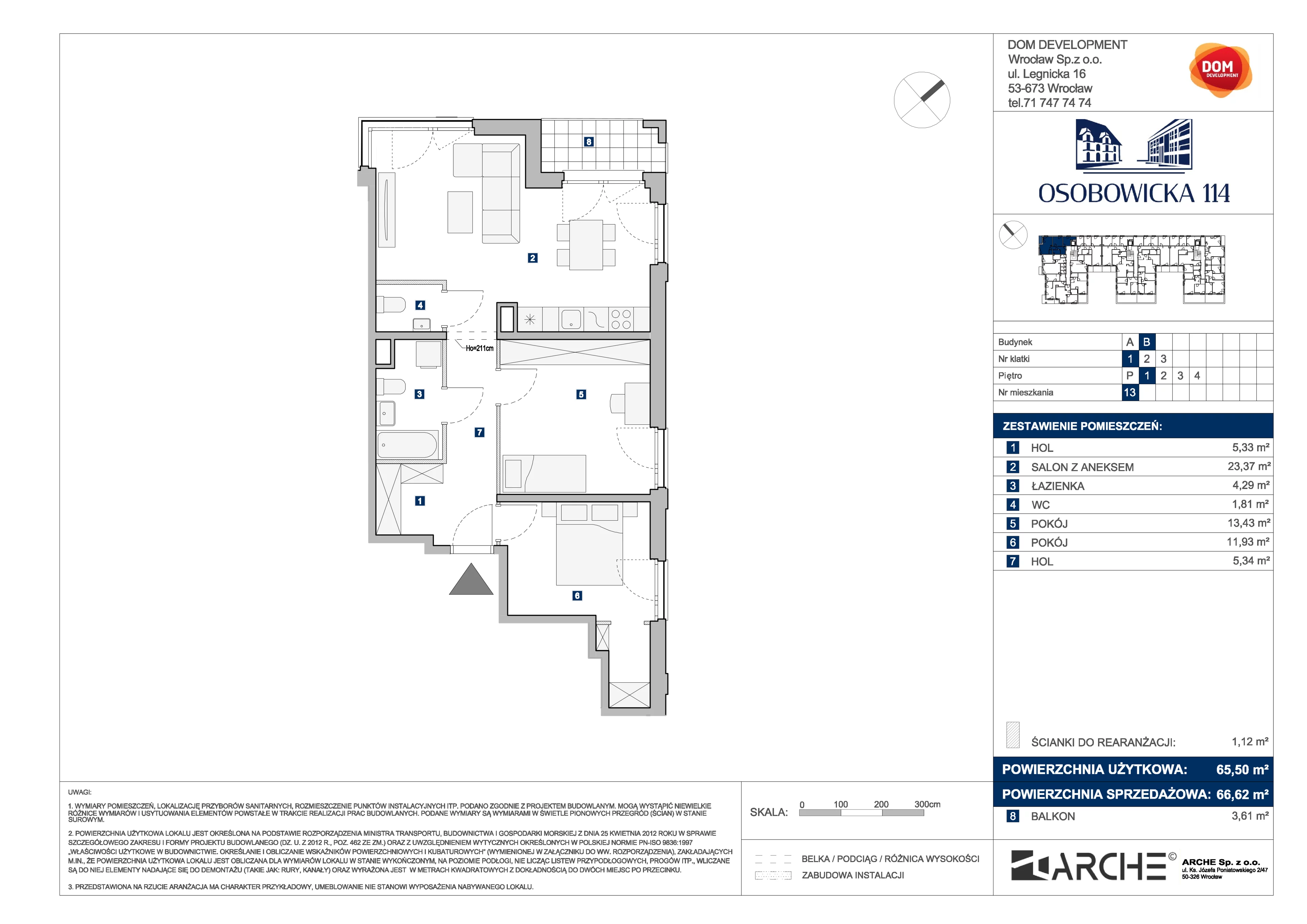 3 pokoje, mieszkanie 66,62 m², piętro 1, oferta nr B/13, Osobowicka 114, Wrocław, Osobowice-Rędzin, Fabryczna, ul. Osobowicka 114
