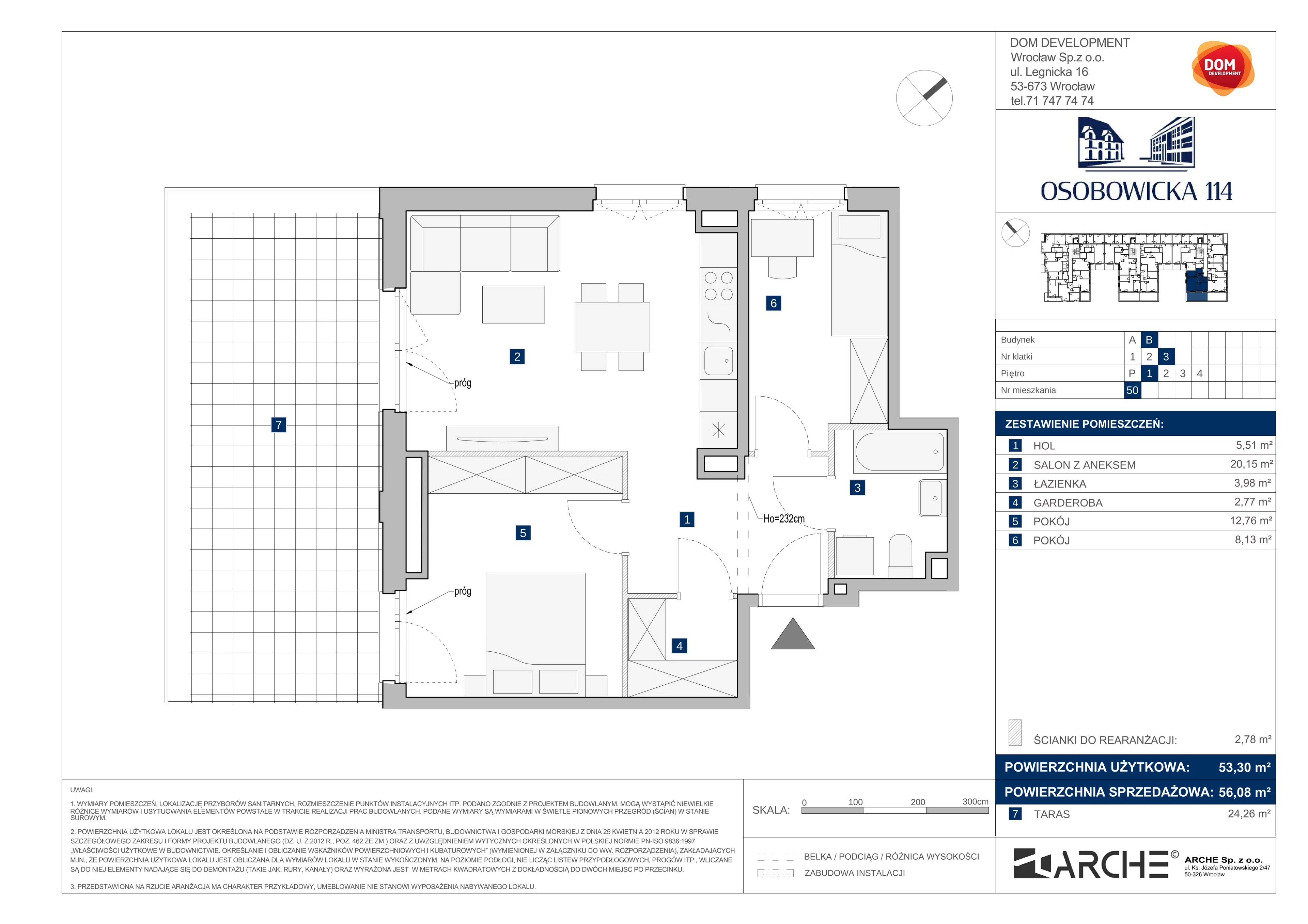 3 pokoje, mieszkanie 56,08 m², piętro 1, oferta nr B/50, Osobowicka 114, Wrocław, Osobowice-Rędzin, Fabryczna, ul. Osobowicka 114