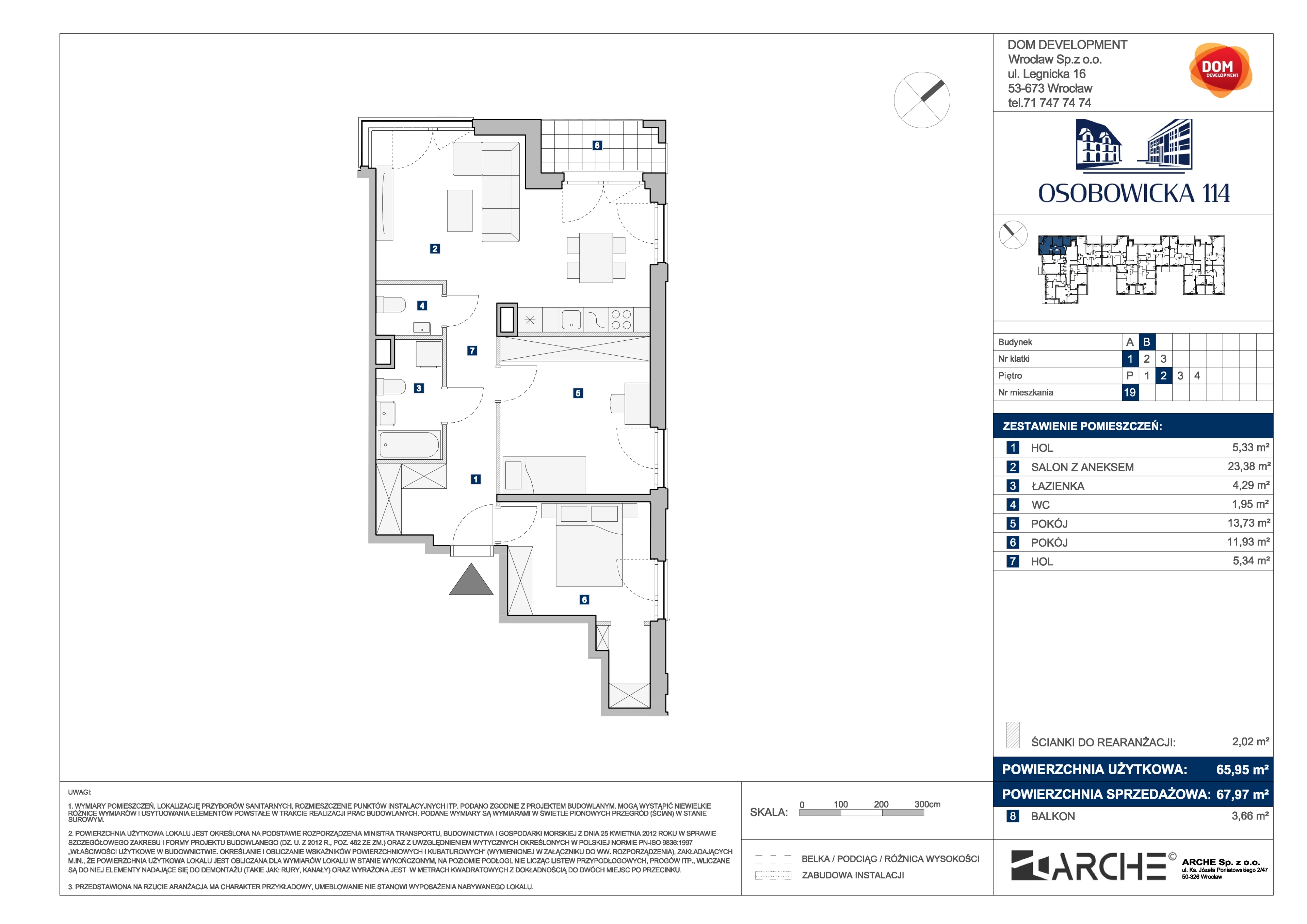 3 pokoje, mieszkanie 67,97 m², piętro 2, oferta nr B/19, Osobowicka 114, Wrocław, Osobowice-Rędzin, Fabryczna, ul. Osobowicka 114