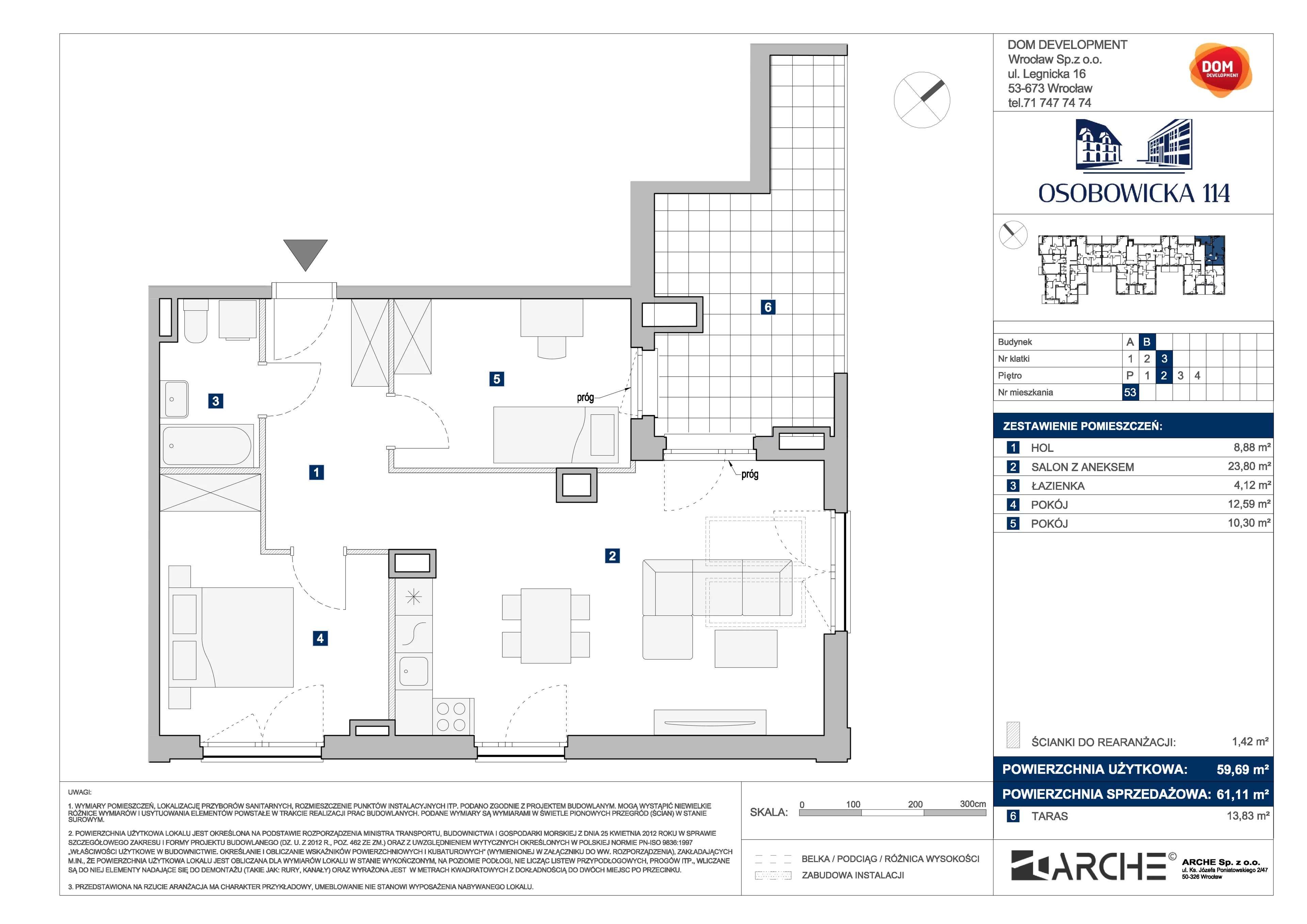 3 pokoje, mieszkanie 61,11 m², piętro 2, oferta nr B/53, Osobowicka 114, Wrocław, Osobowice-Rędzin, Fabryczna, ul. Osobowicka 114