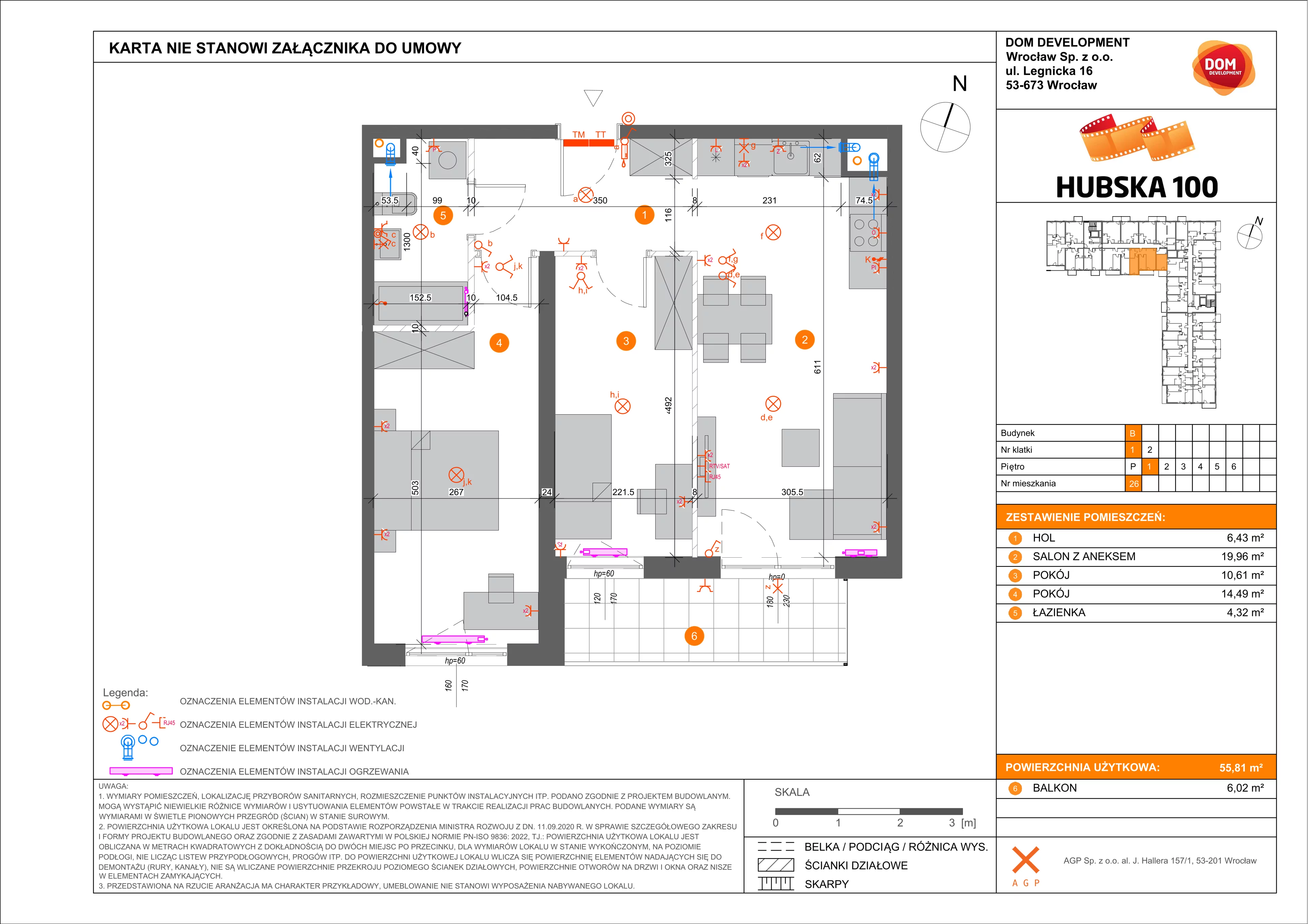 3 pokoje, mieszkanie 55,81 m², piętro 1, oferta nr B/26, Hubska 100, Wrocław, Huby, Krzyki, ul. Paczkowska