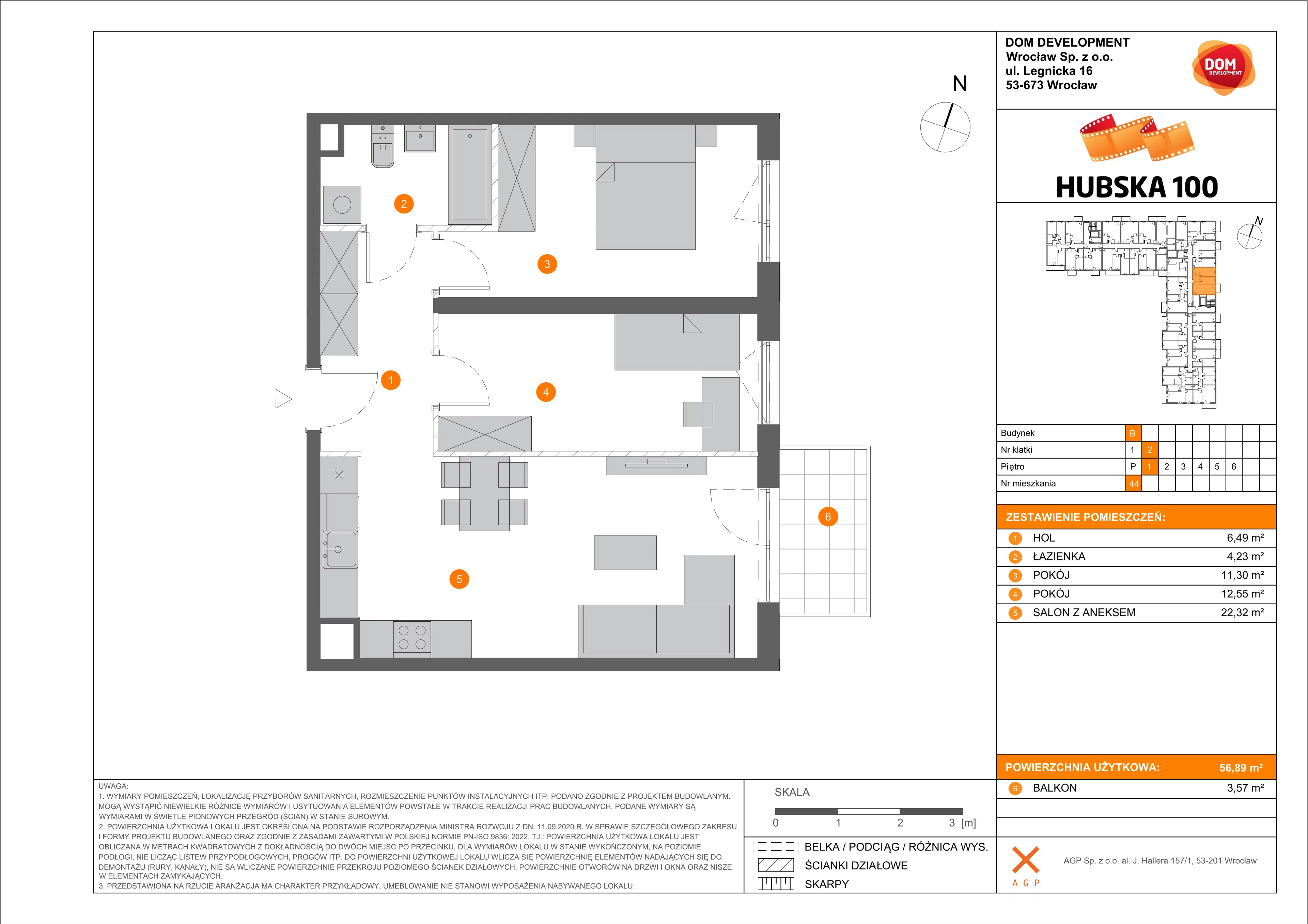 3 pokoje, mieszkanie 56,89 m², piętro 1, oferta nr B/44, Hubska 100, Wrocław, Huby, Krzyki, ul. Paczkowska