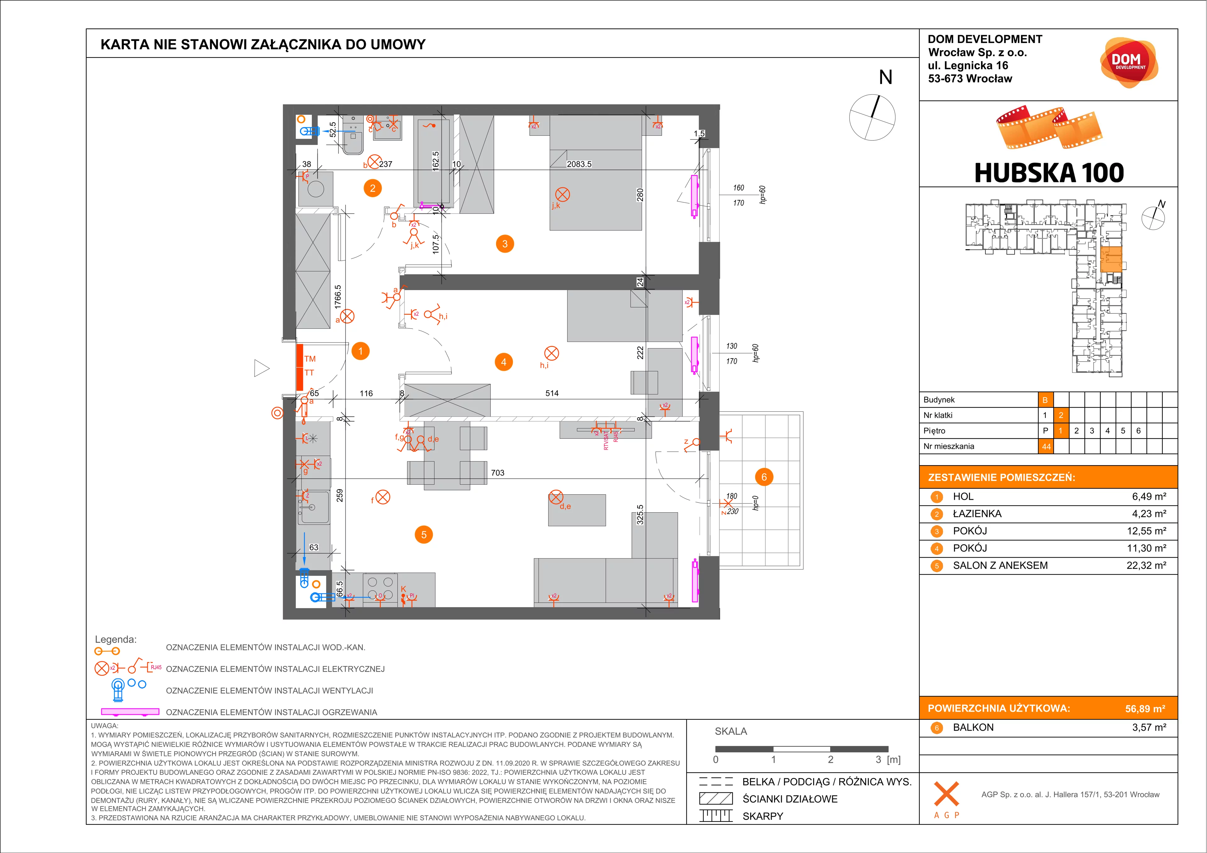 3 pokoje, mieszkanie 56,89 m², piętro 1, oferta nr B/44, Hubska 100, Wrocław, Huby, Krzyki, ul. Paczkowska