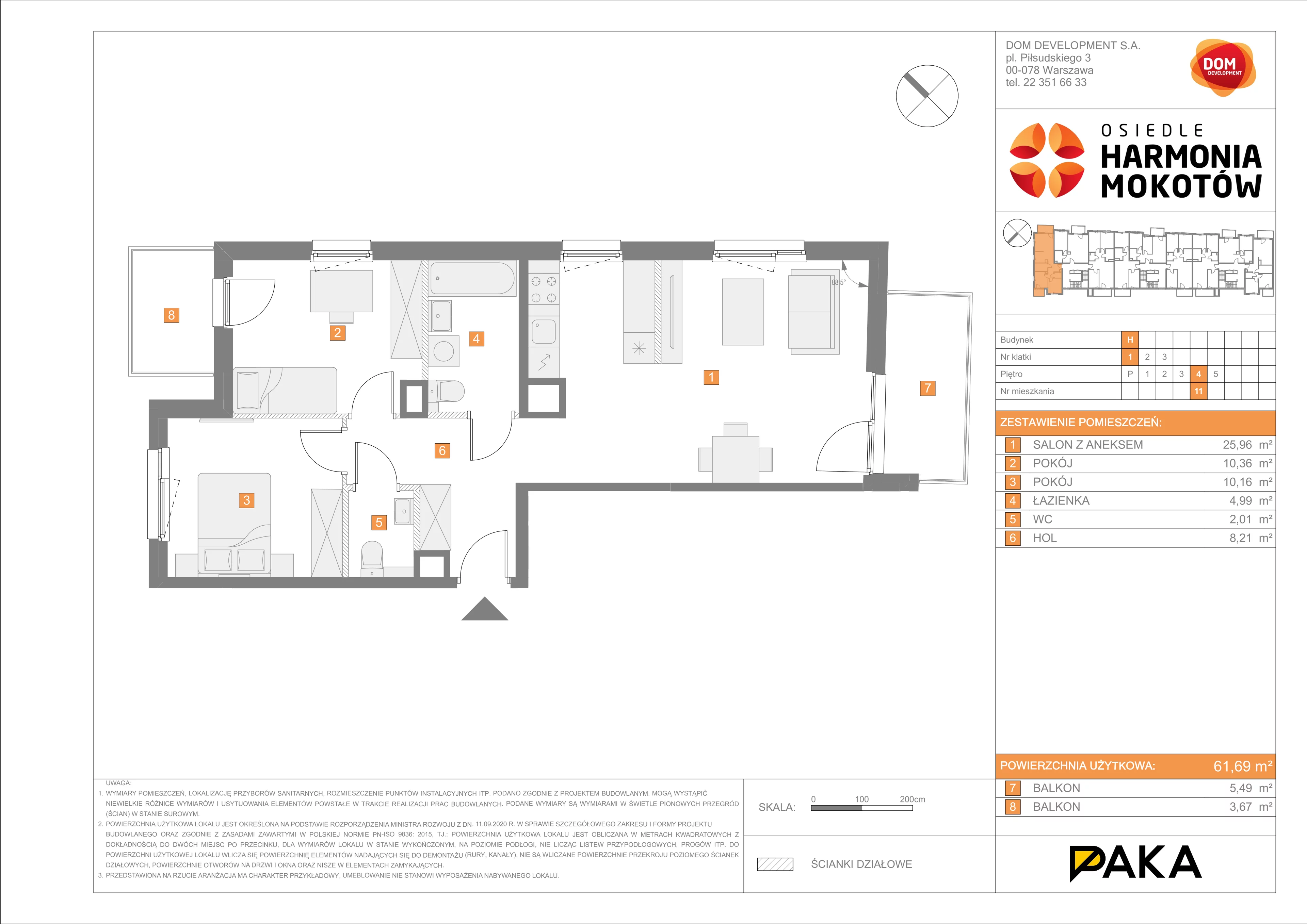 Mieszkanie 61,69 m², piętro 4, oferta nr H/11, Harmonia Mokotów etap 3, Warszawa, Mokotów, Siekierki, al. Polski Walczącej