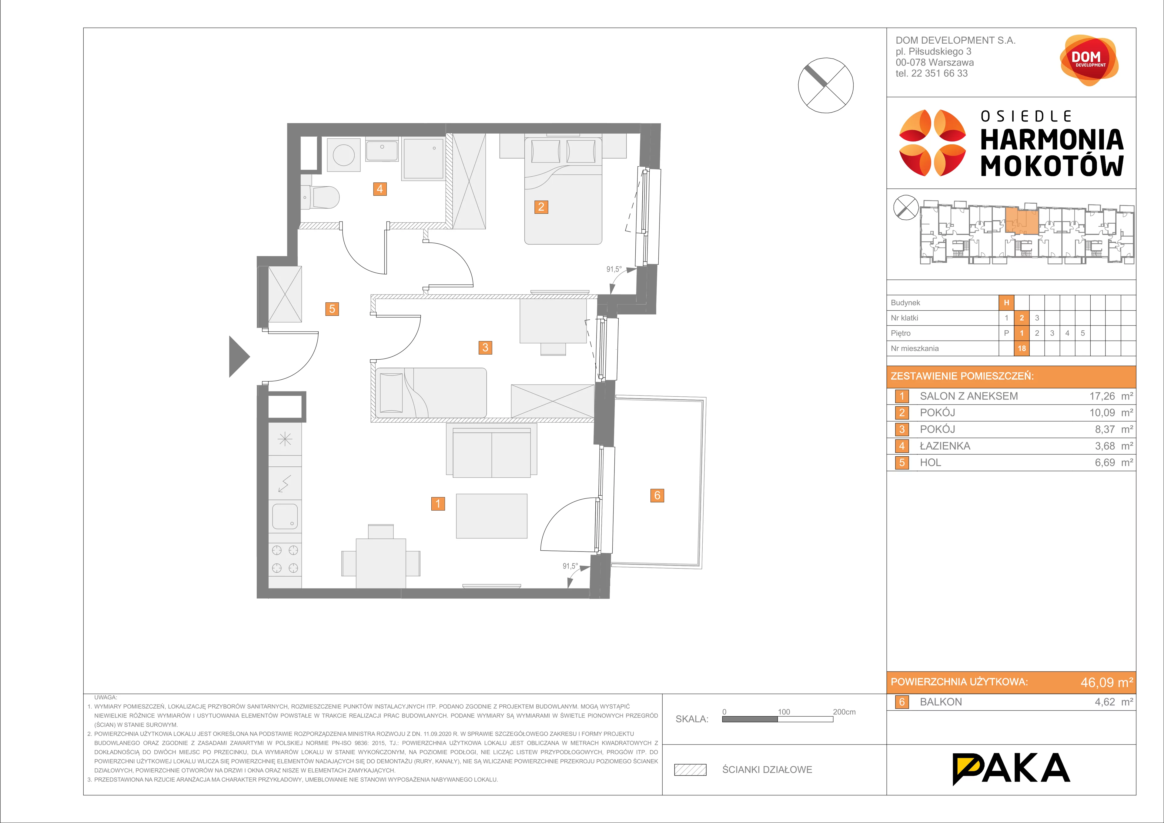 Mieszkanie 46,09 m², piętro 1, oferta nr H/18, Harmonia Mokotów etap 3, Warszawa, Mokotów, Siekierki, al. Polski Walczącej