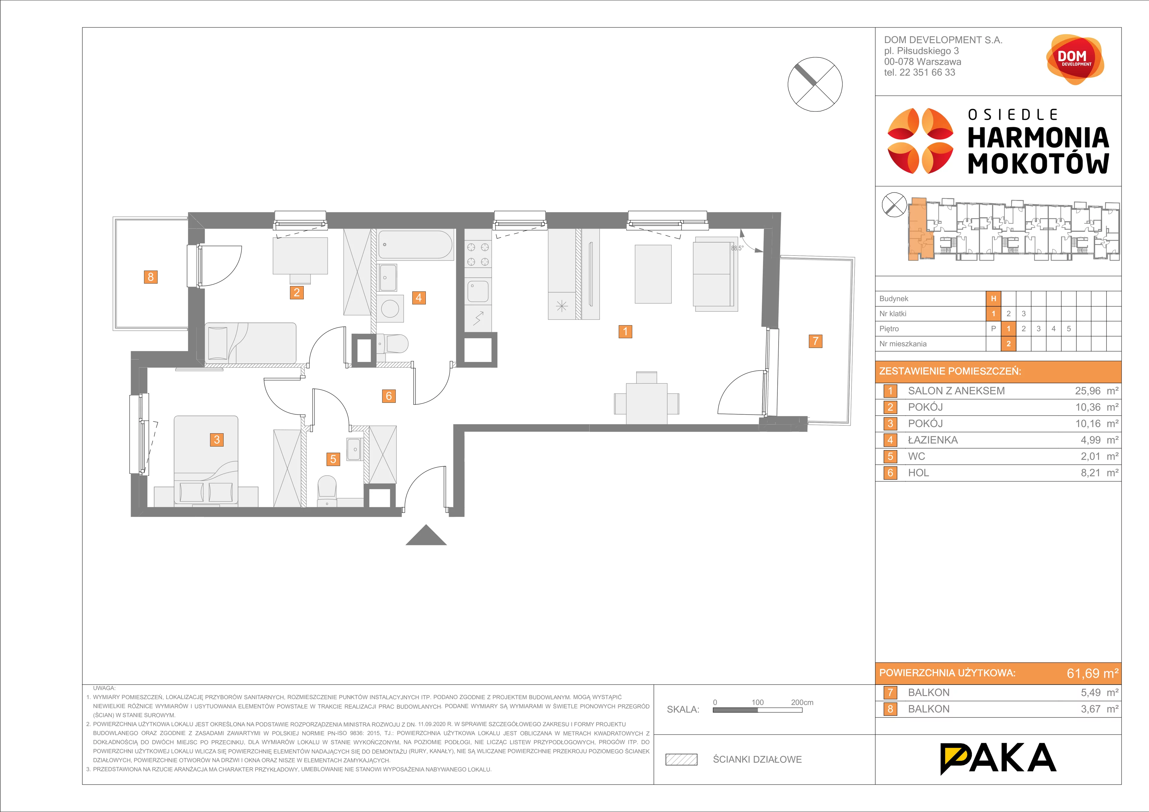 Mieszkanie 61,69 m², piętro 1, oferta nr H/2, Harmonia Mokotów etap 3, Warszawa, Mokotów, Siekierki, al. Polski Walczącej