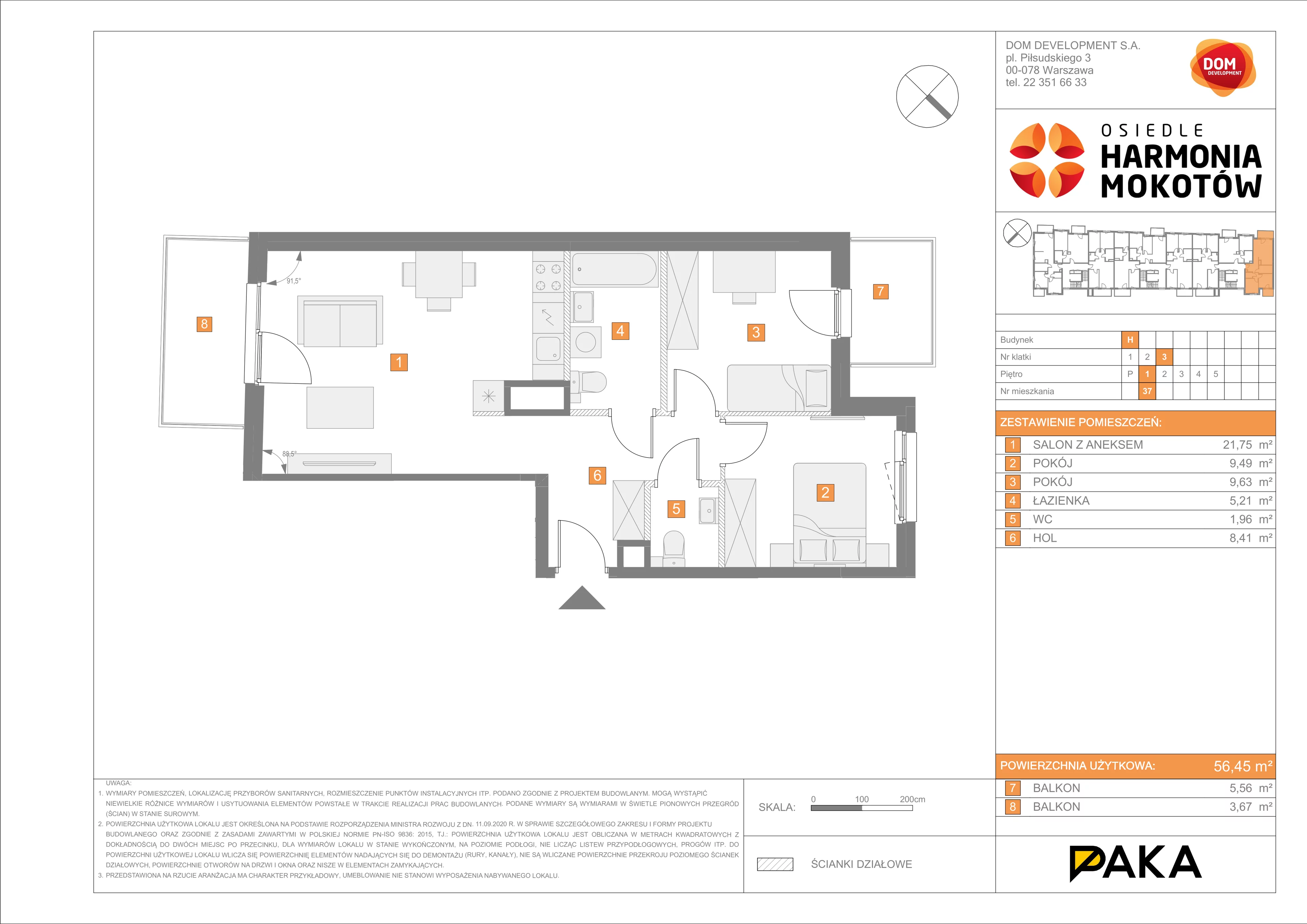 Mieszkanie 56,45 m², piętro 1, oferta nr H/37, Harmonia Mokotów etap 3, Warszawa, Mokotów, Siekierki, al. Polski Walczącej