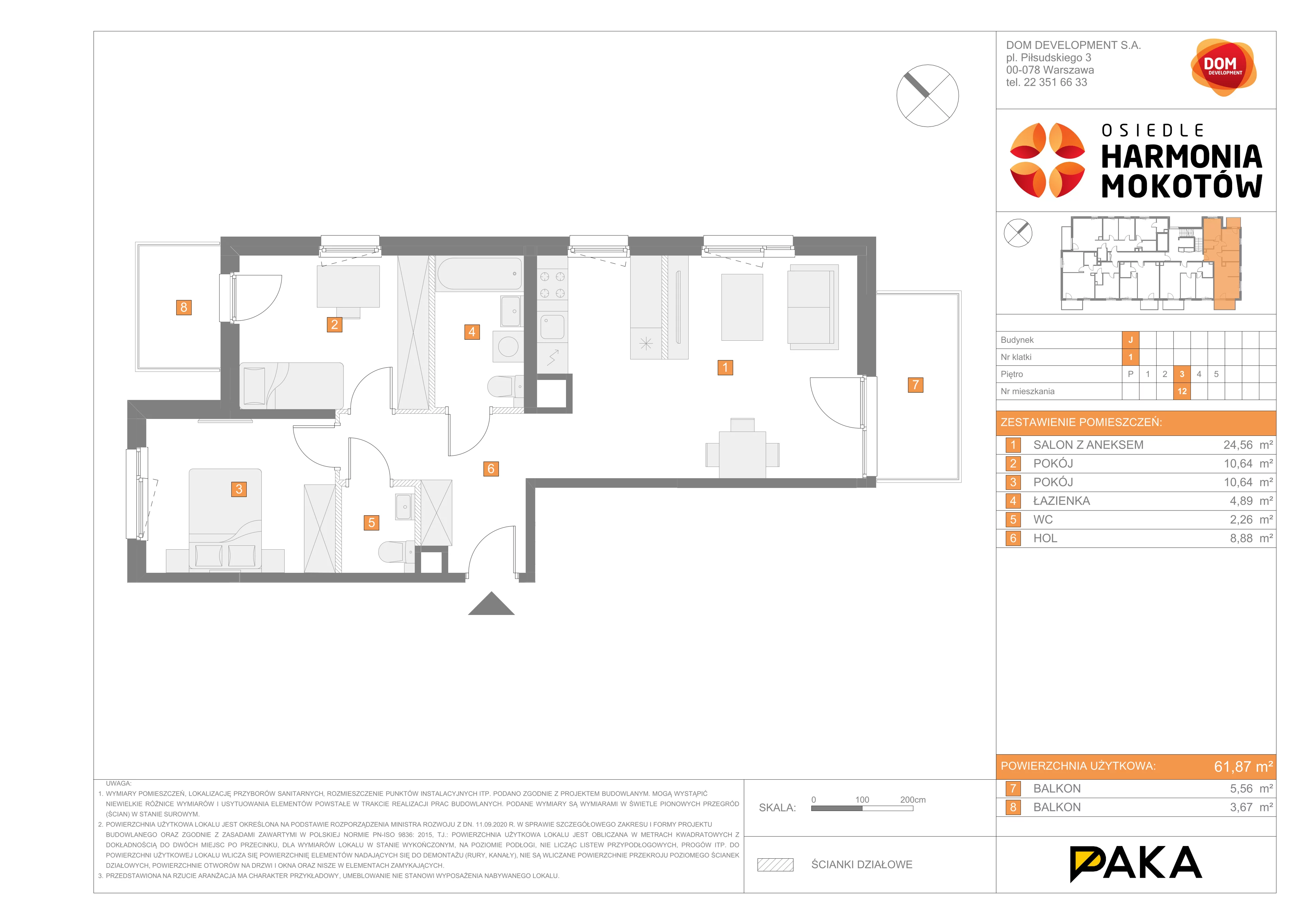 Mieszkanie 62,04 m², piętro 3, oferta nr J/12, Harmonia Mokotów etap 3, Warszawa, Mokotów, Siekierki, al. Polski Walczącej