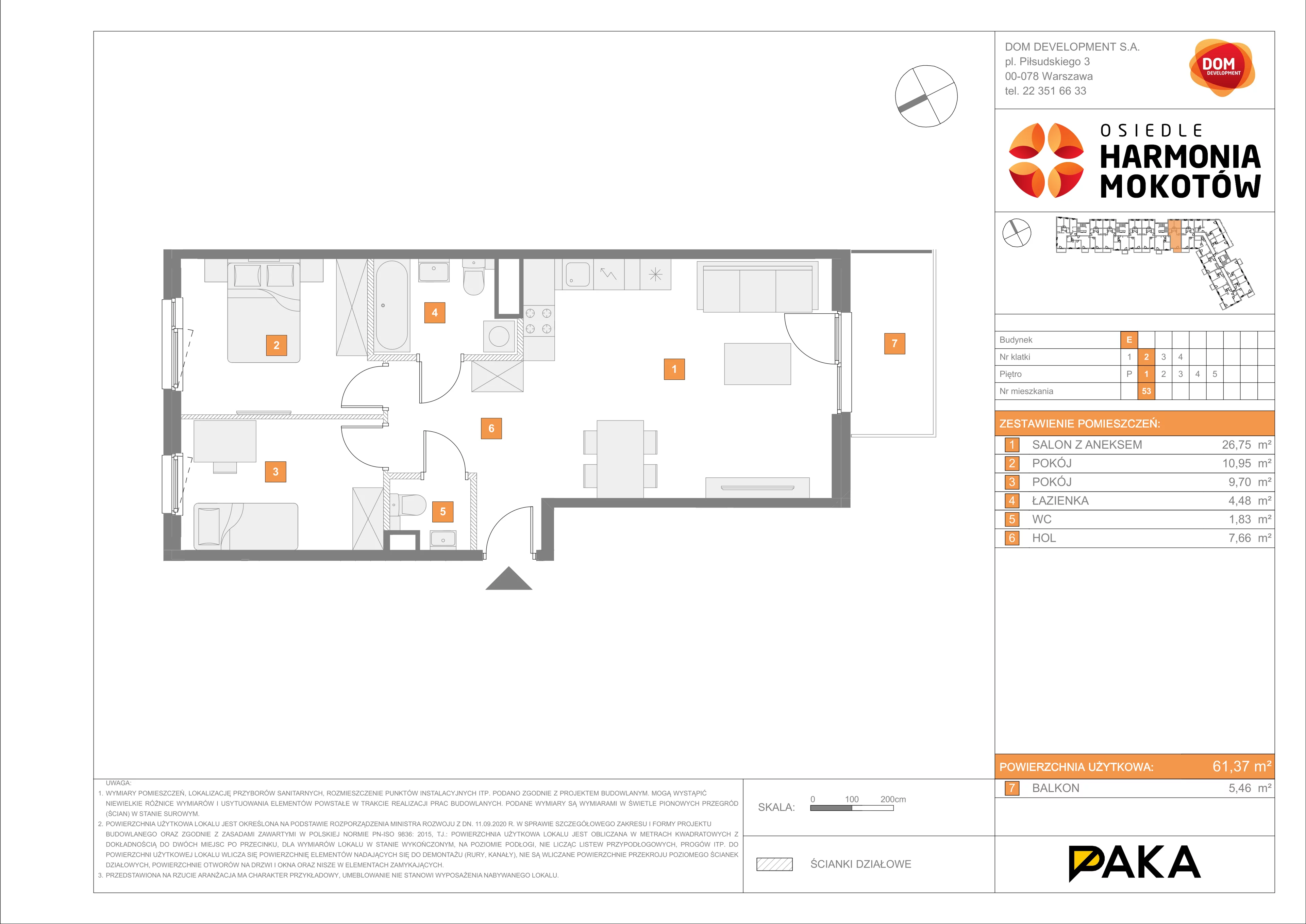 Mieszkanie 61,37 m², piętro 1, oferta nr E/53, Harmonia Mokotów, Warszawa, Mokotów, Siekierki, al. Polski Walczącej / Józefa Becka