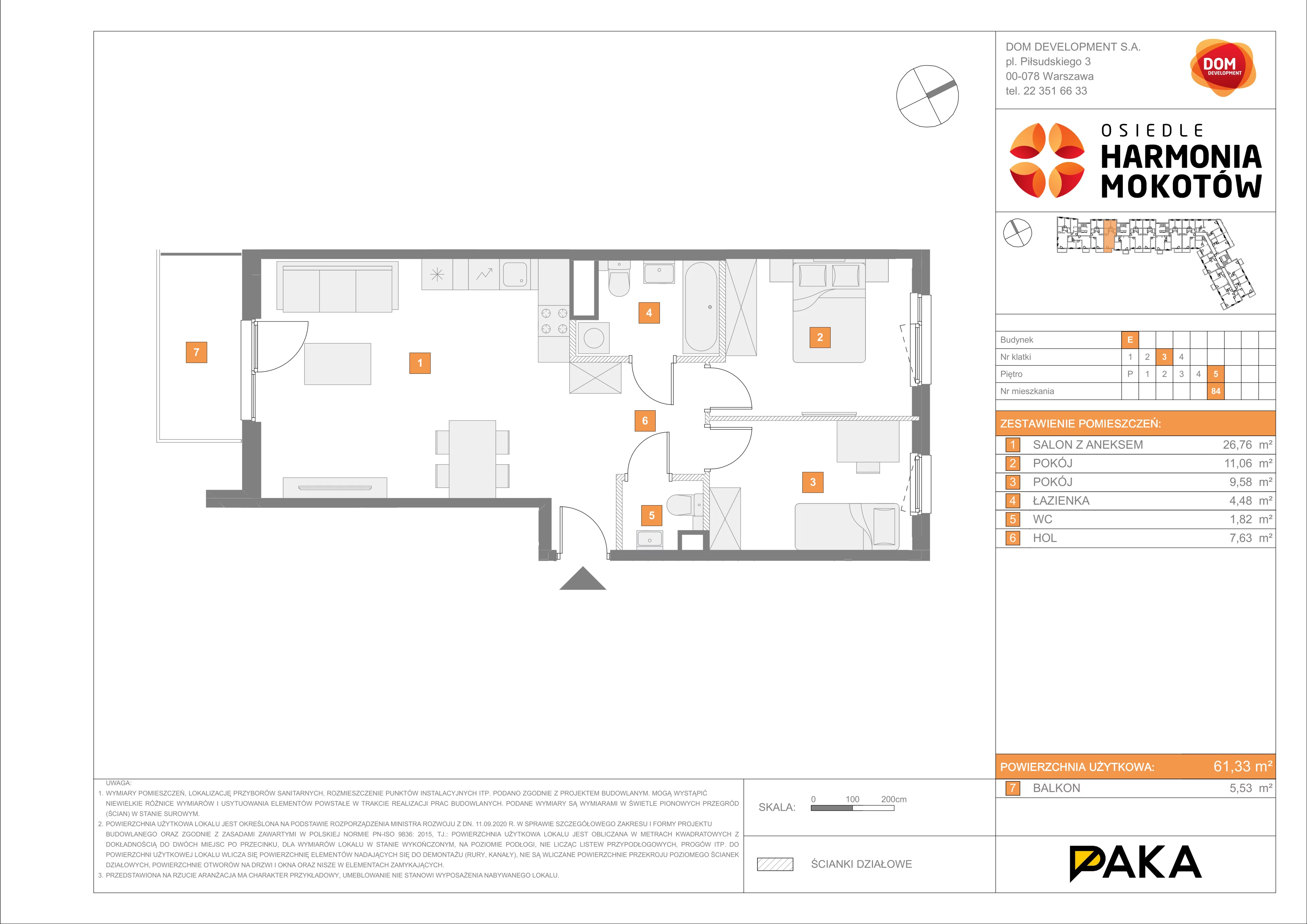 Mieszkanie 61,33 m², piętro 5, oferta nr E/84, Harmonia Mokotów, Warszawa, Mokotów, Siekierki, al. Polski Walczącej / Józefa Becka