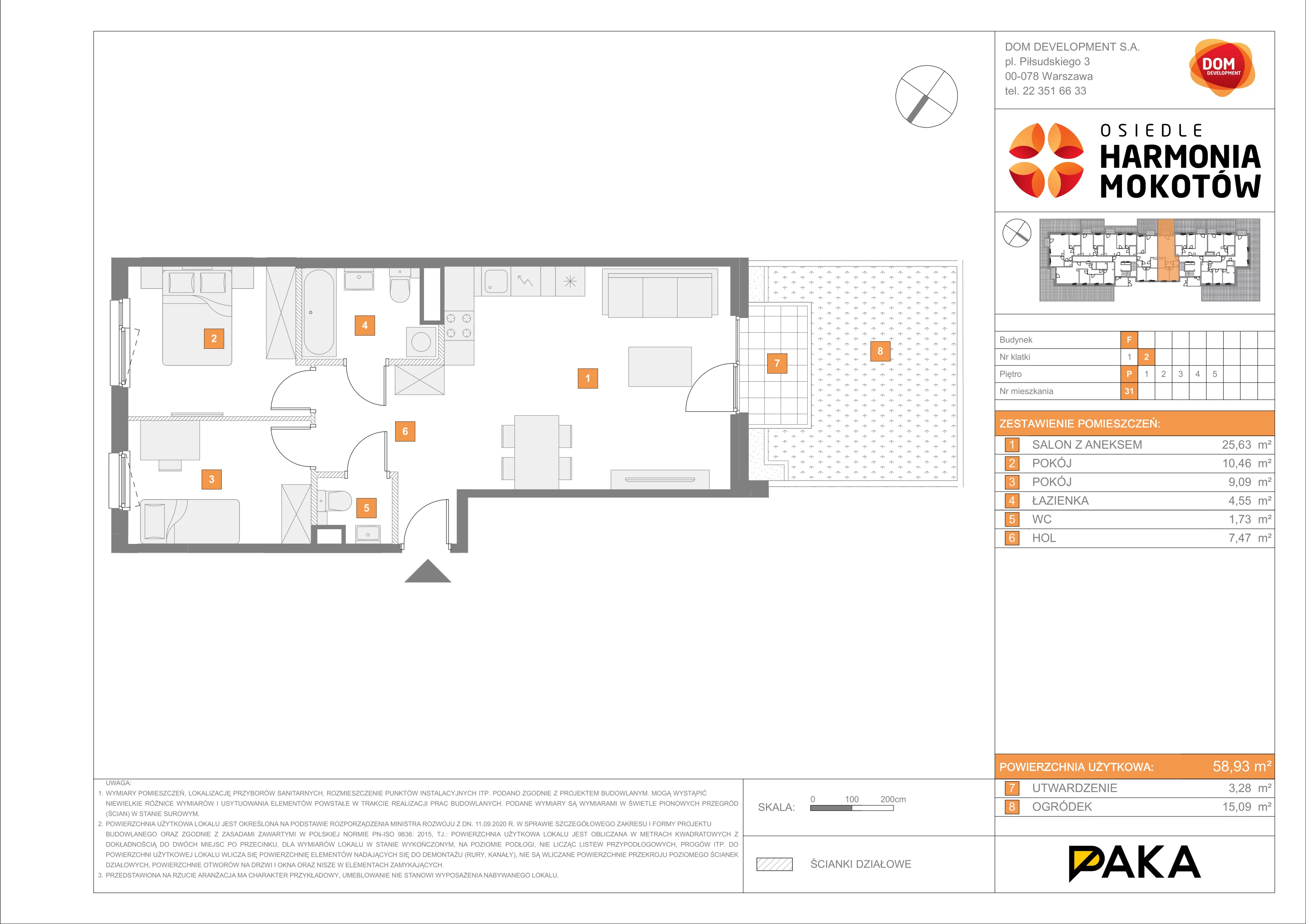 3 pokoje, mieszkanie 58,93 m², parter, oferta nr F/31, Harmonia Mokotów, Warszawa, Mokotów, Siekierki, al. Polski Walczącej / Józefa Becka