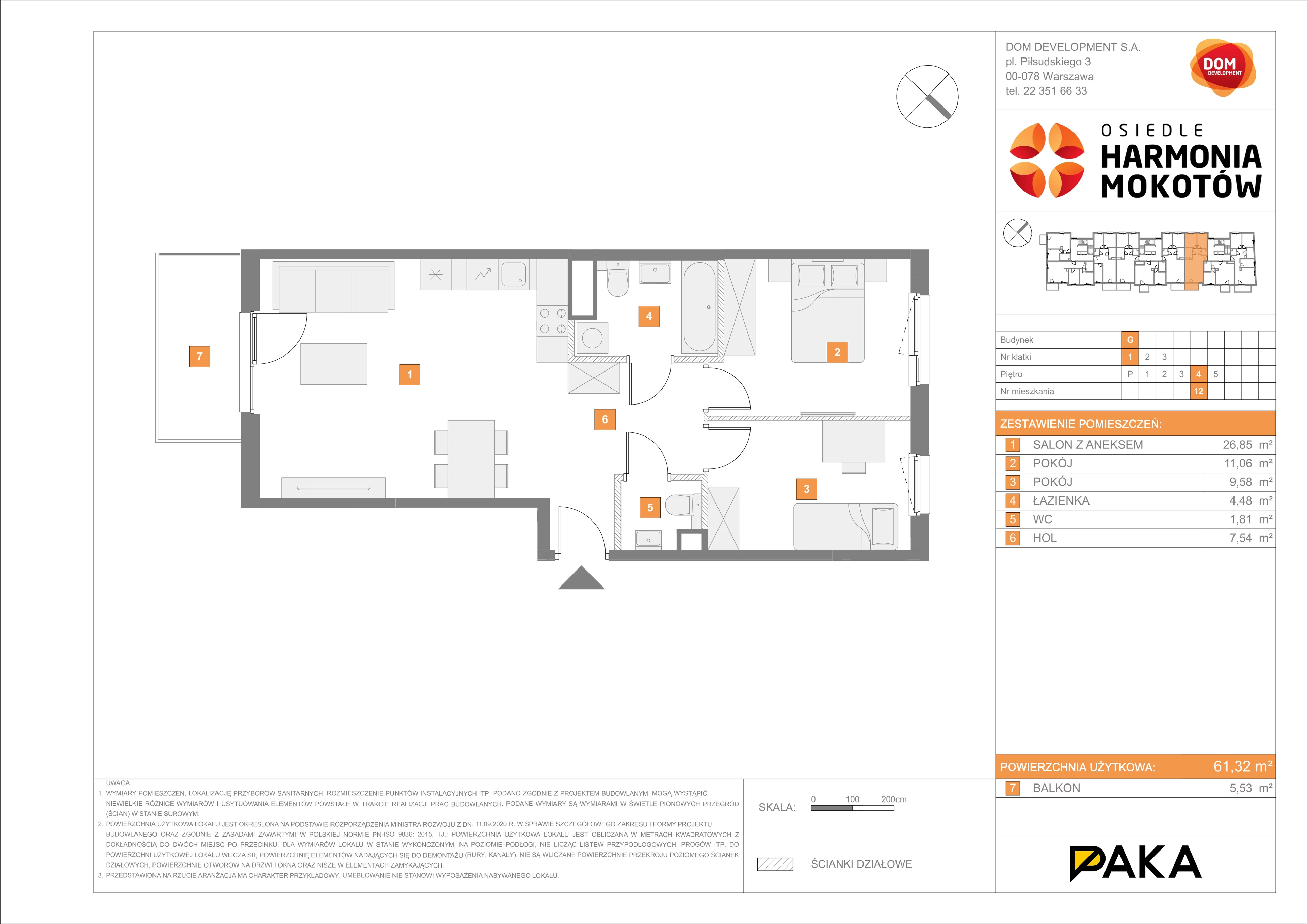 Mieszkanie 61,32 m², piętro 4, oferta nr G/12, Harmonia Mokotów, Warszawa, Mokotów, Siekierki, al. Polski Walczącej / Józefa Becka