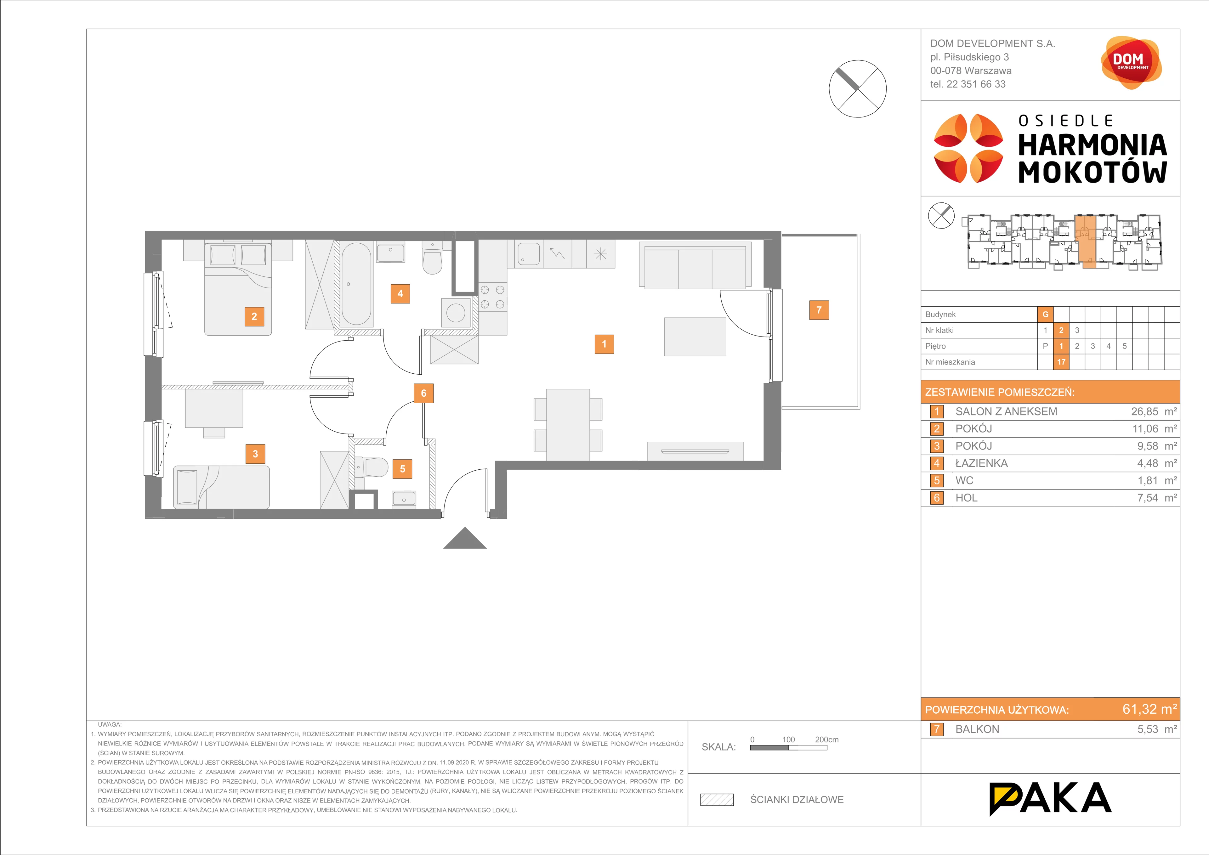 3 pokoje, mieszkanie 61,32 m², piętro 1, oferta nr G/17, Harmonia Mokotów, Warszawa, Mokotów, Siekierki, al. Polski Walczącej / Józefa Becka