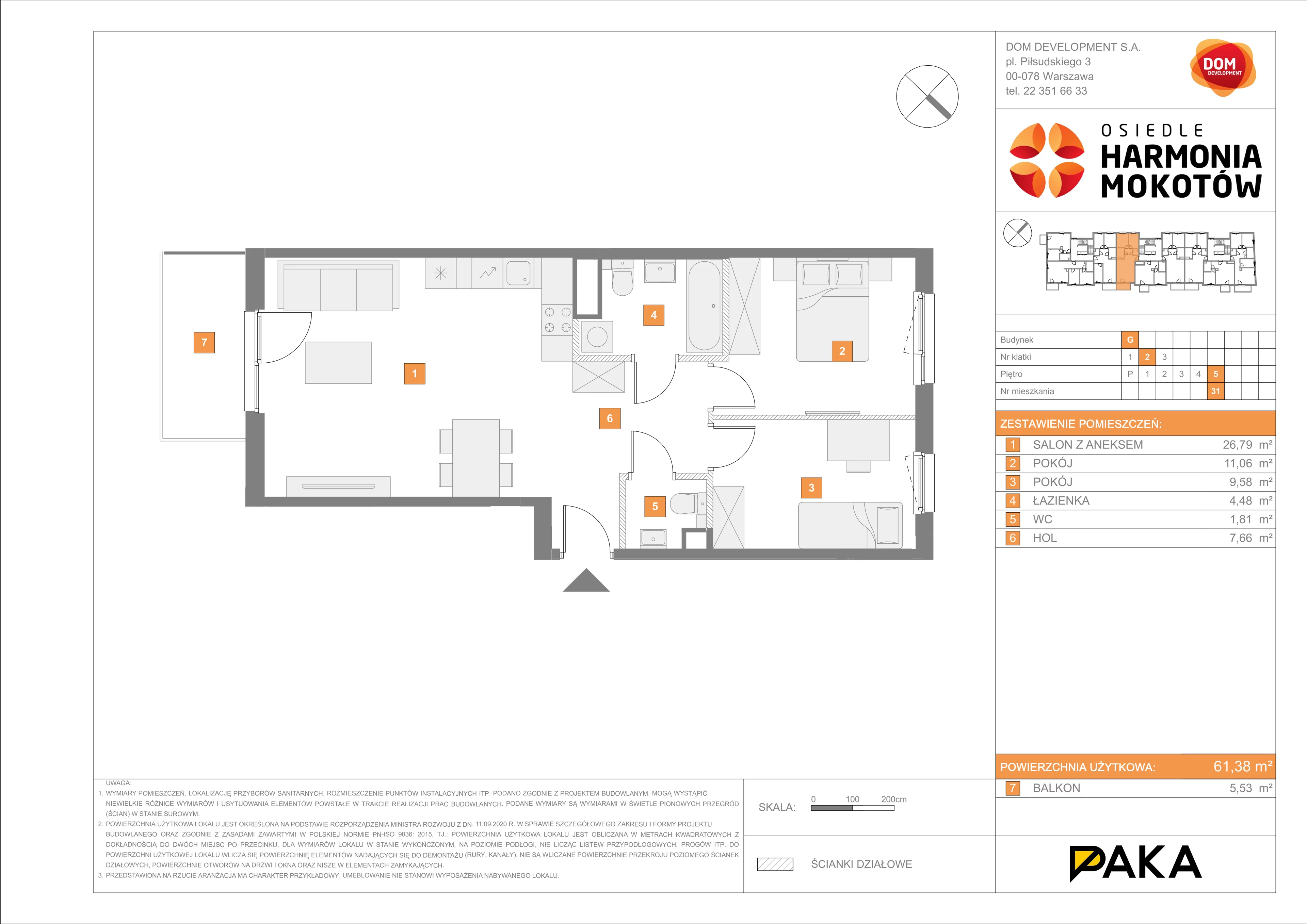 Mieszkanie 61,38 m², piętro 5, oferta nr G/31, Harmonia Mokotów, Warszawa, Mokotów, Siekierki, al. Polski Walczącej / Józefa Becka