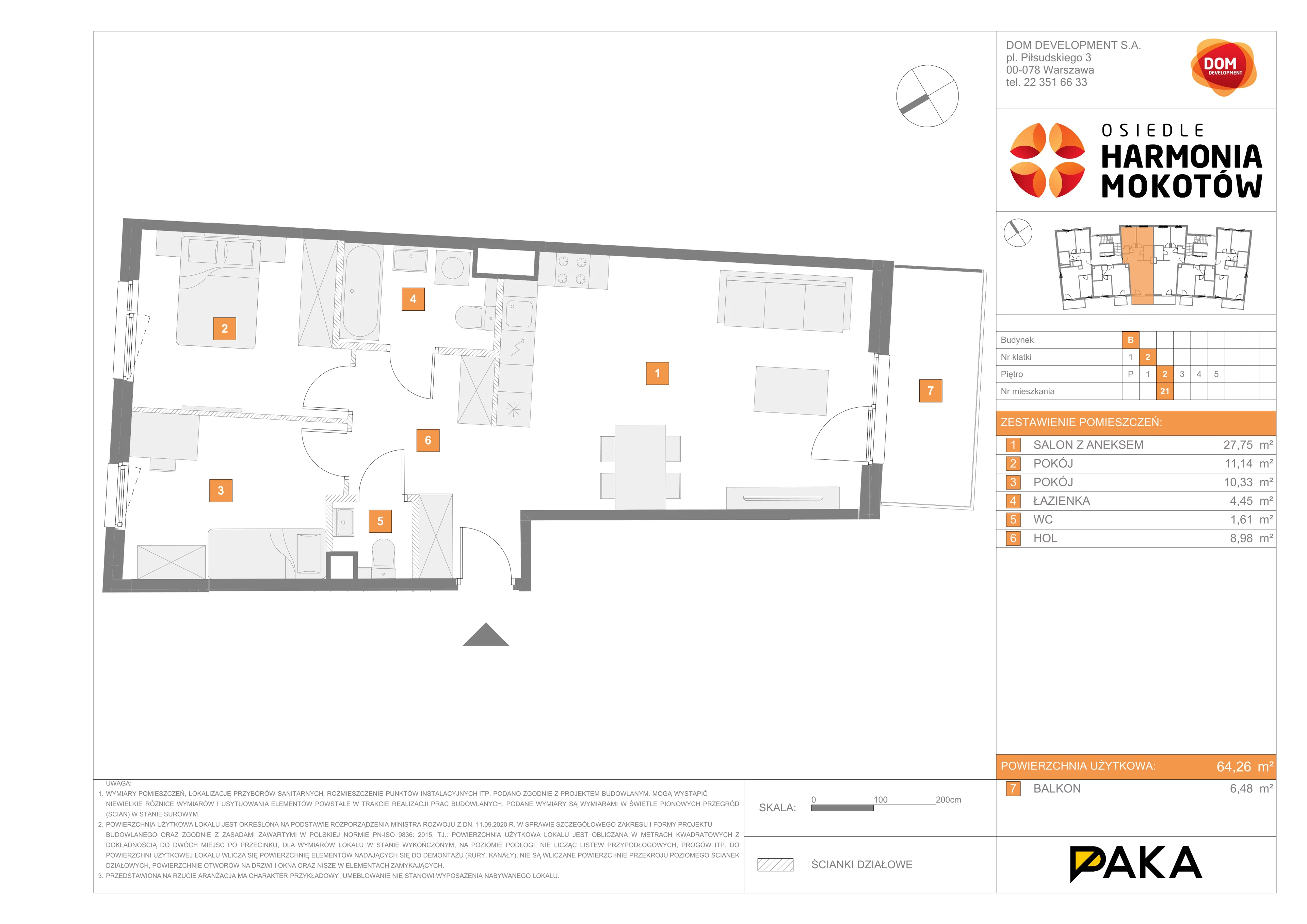 3 pokoje, mieszkanie 64,26 m², piętro 2, oferta nr B/21, Harmonia Mokotów, Warszawa, Mokotów, Siekierki, al. Polski Walczącej / Józefa Becka