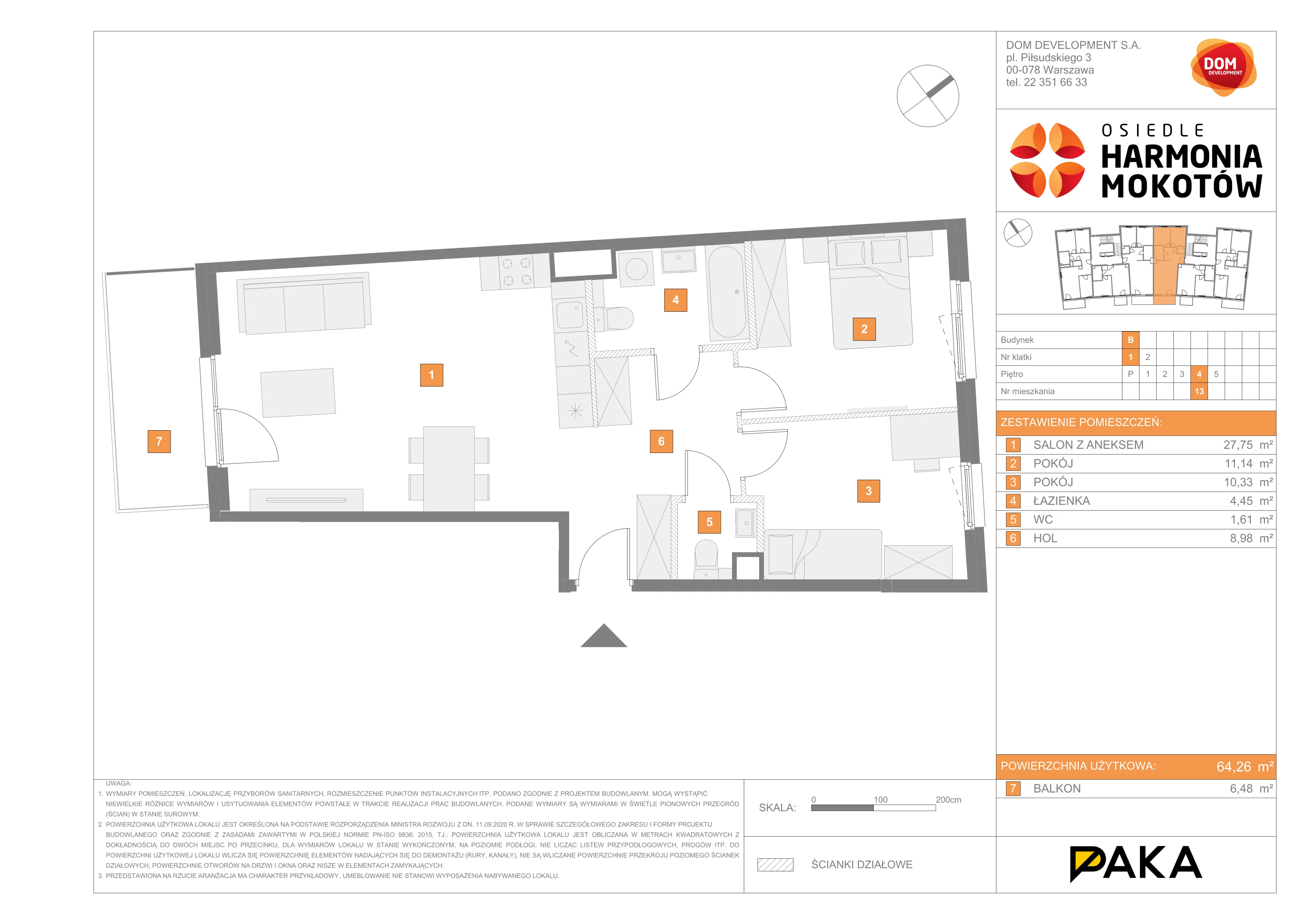 3 pokoje, mieszkanie 64,26 m², piętro 4, oferta nr B/13, Harmonia Mokotów, Warszawa, Mokotów, Siekierki, al. Polski Walczącej / Józefa Becka