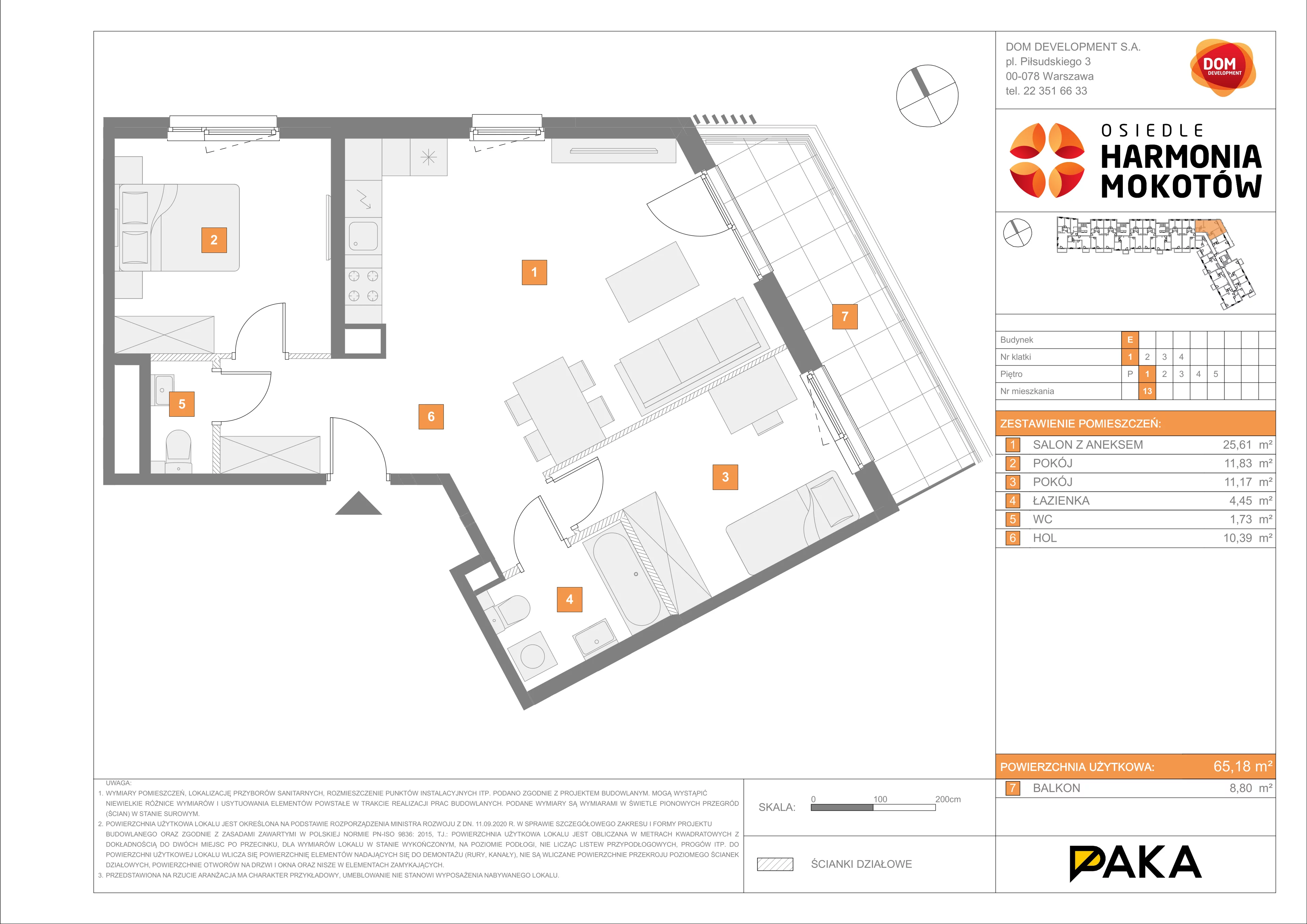 3 pokoje, mieszkanie 65,18 m², piętro 1, oferta nr E/13, Harmonia Mokotów, Warszawa, Mokotów, Siekierki, al. Polski Walczącej / Józefa Becka