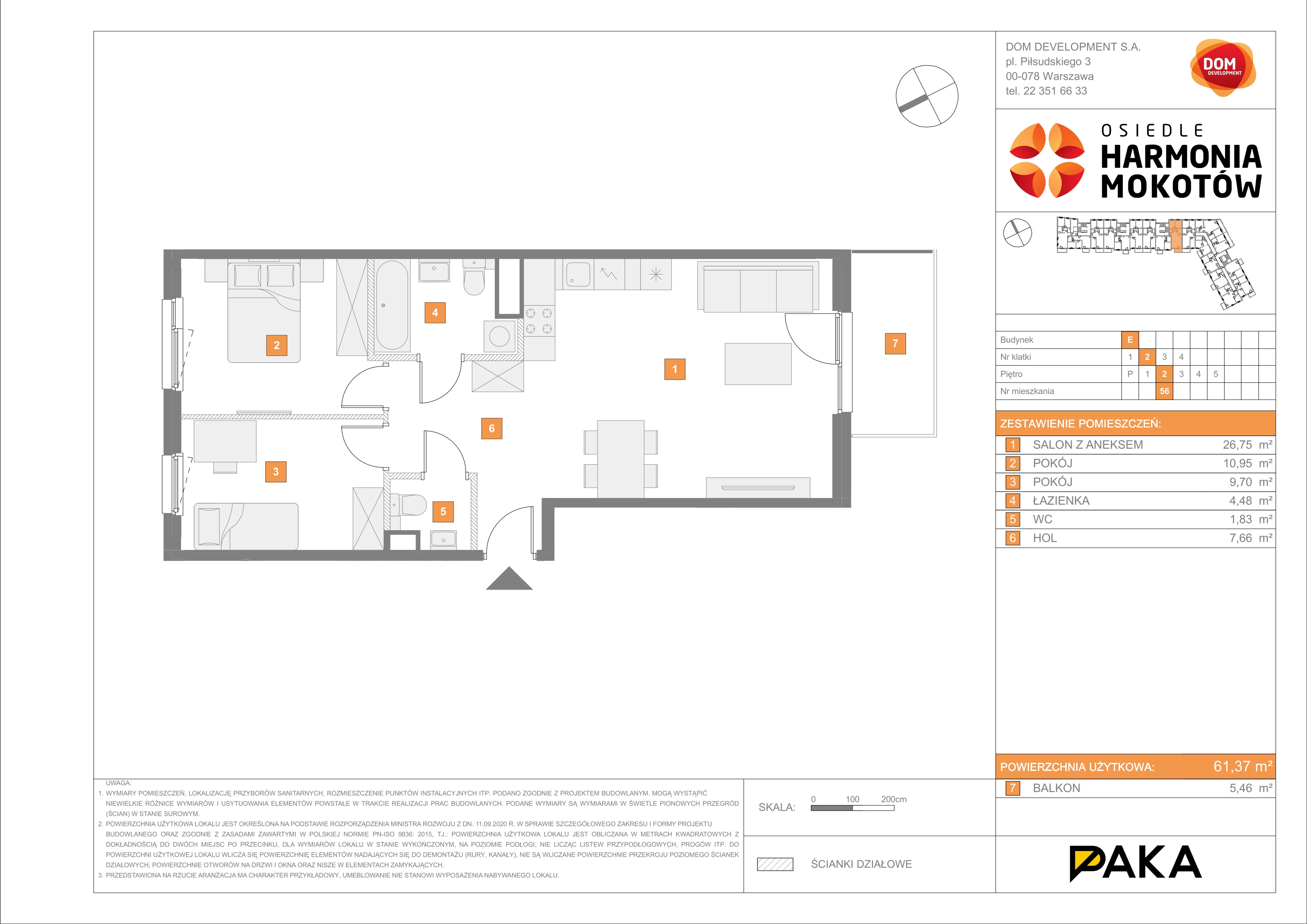 3 pokoje, mieszkanie 61,37 m², piętro 2, oferta nr E/56, Harmonia Mokotów, Warszawa, Mokotów, Siekierki, al. Polski Walczącej / Józefa Becka