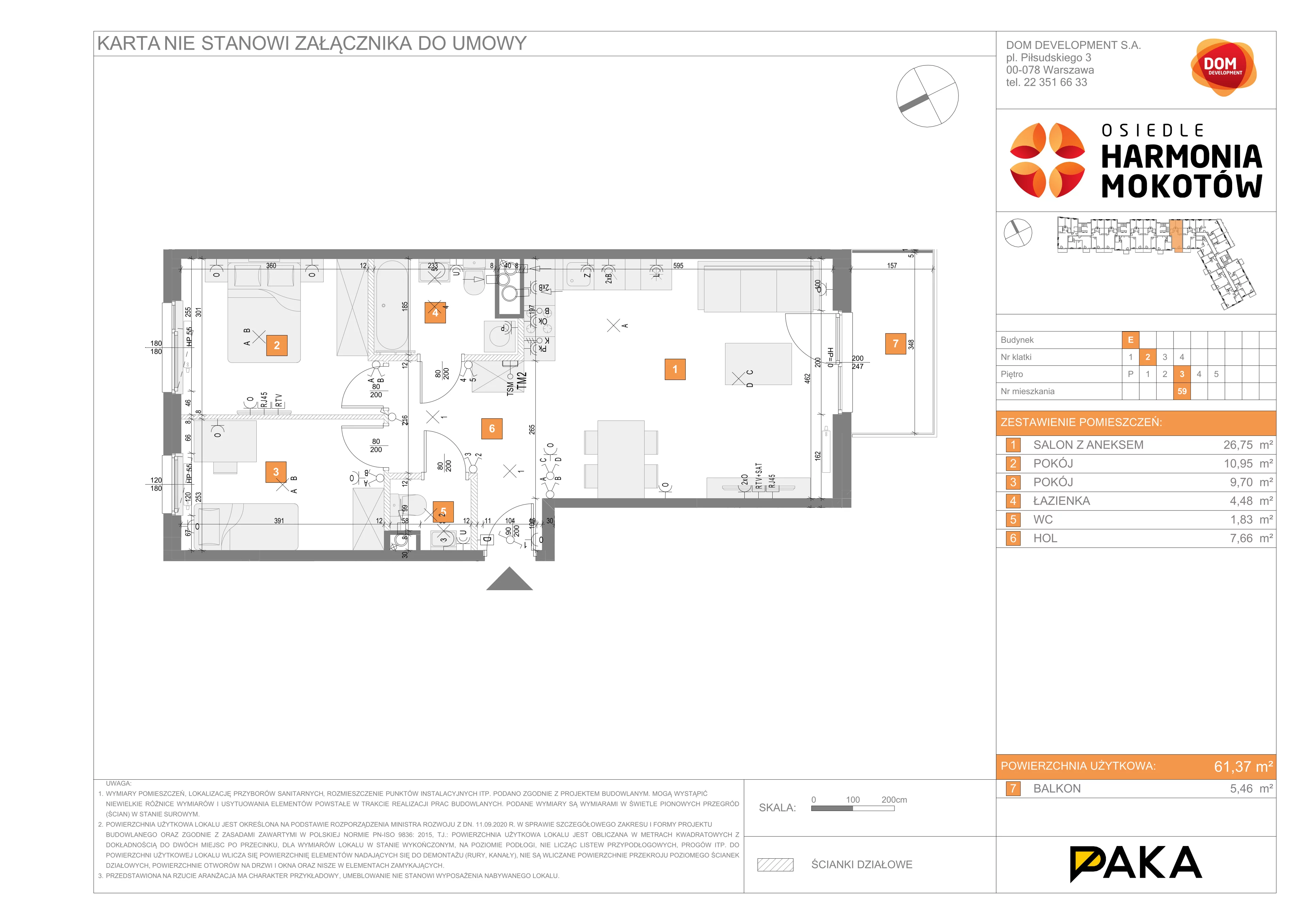 3 pokoje, mieszkanie 61,37 m², piętro 3, oferta nr E/59, Harmonia Mokotów, Warszawa, Mokotów, Siekierki, al. Polski Walczącej / Józefa Becka
