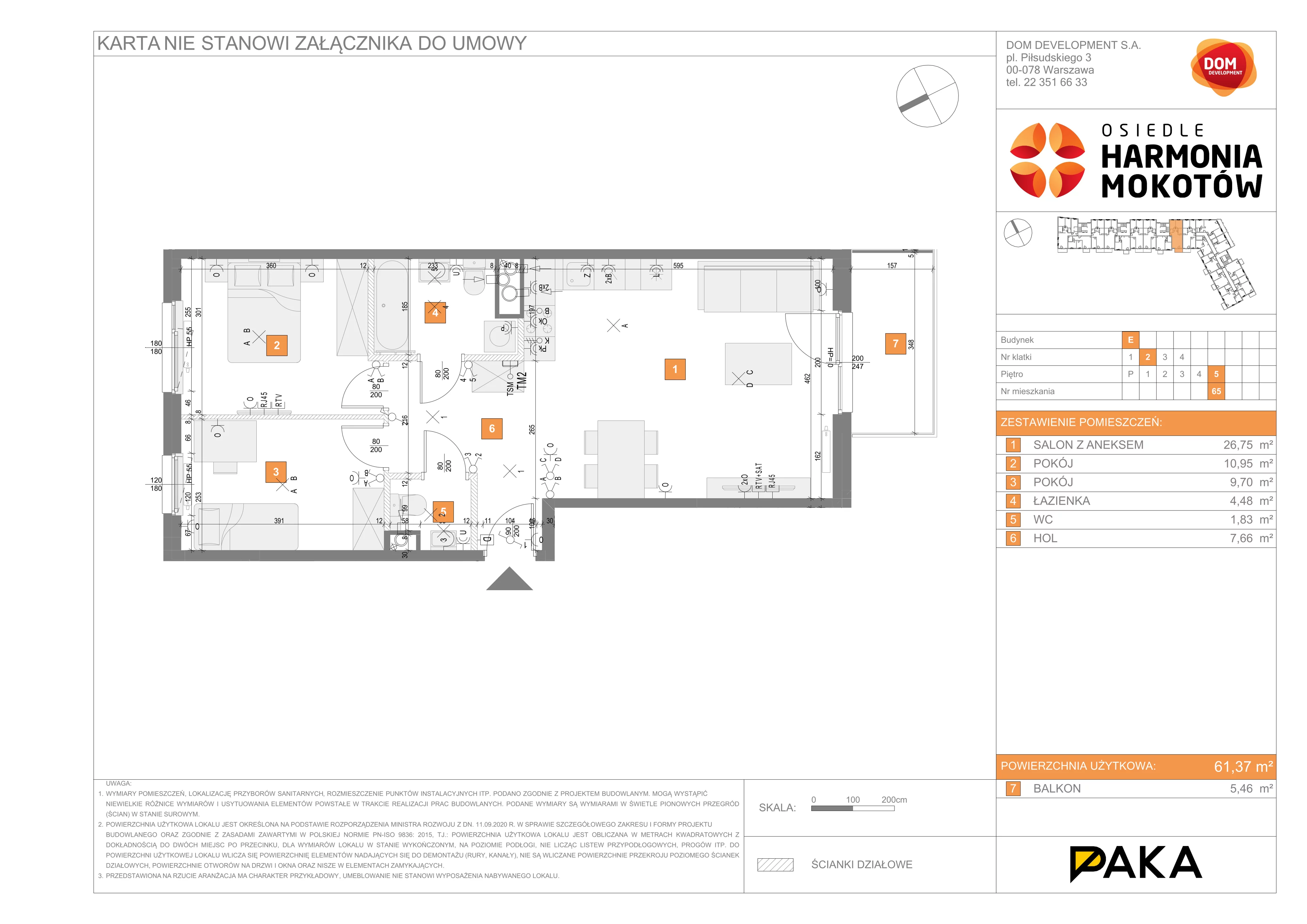 3 pokoje, mieszkanie 61,37 m², piętro 5, oferta nr E/65, Harmonia Mokotów, Warszawa, Mokotów, Siekierki, al. Polski Walczącej / Józefa Becka