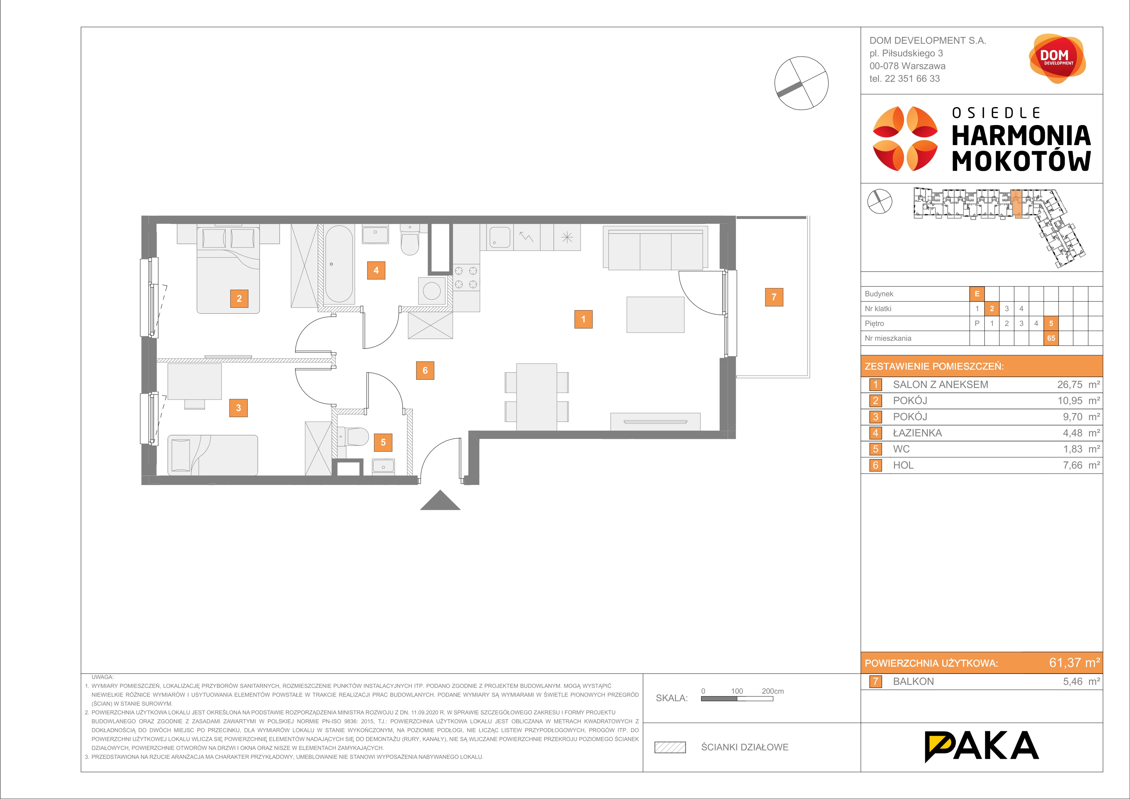 3 pokoje, mieszkanie 61,37 m², piętro 5, oferta nr E/65, Harmonia Mokotów, Warszawa, Mokotów, Siekierki, al. Polski Walczącej / Józefa Becka