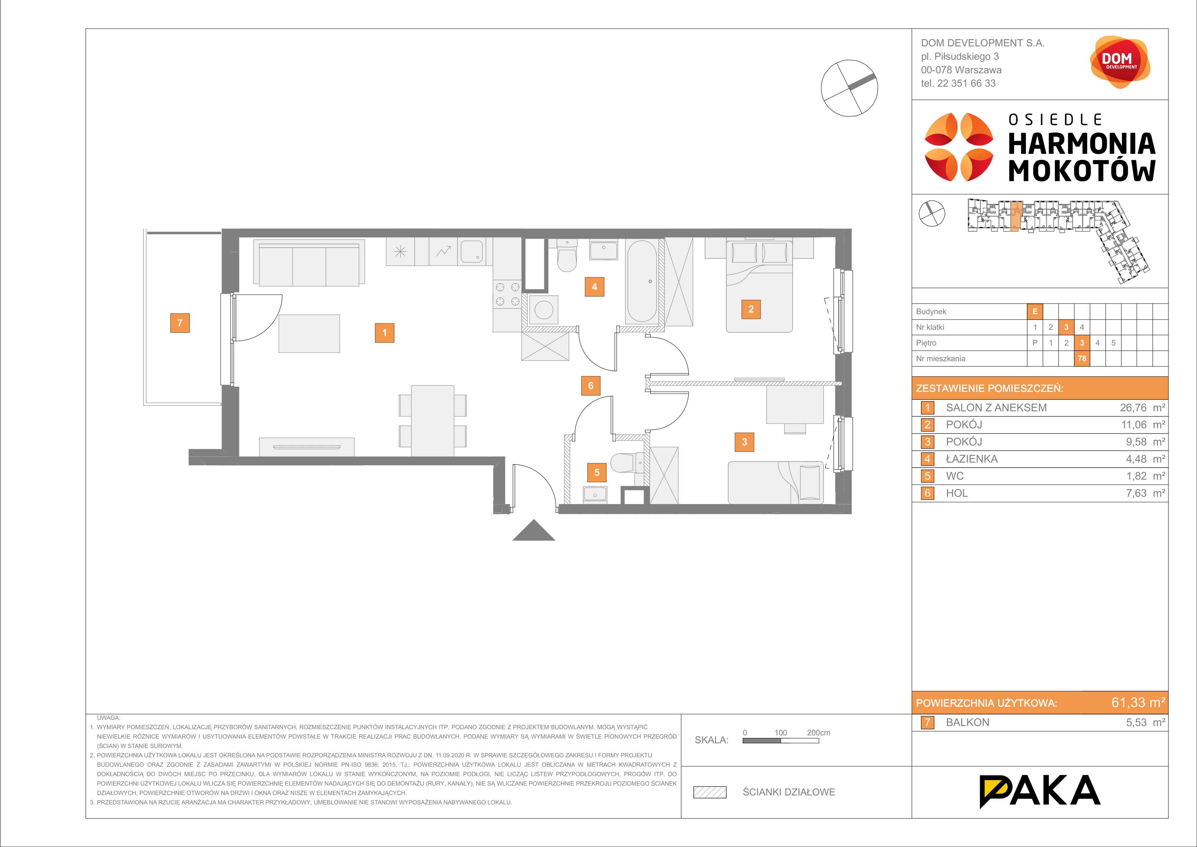 3 pokoje, mieszkanie 61,33 m², piętro 3, oferta nr E/78, Harmonia Mokotów, Warszawa, Mokotów, Siekierki, al. Polski Walczącej / Józefa Becka