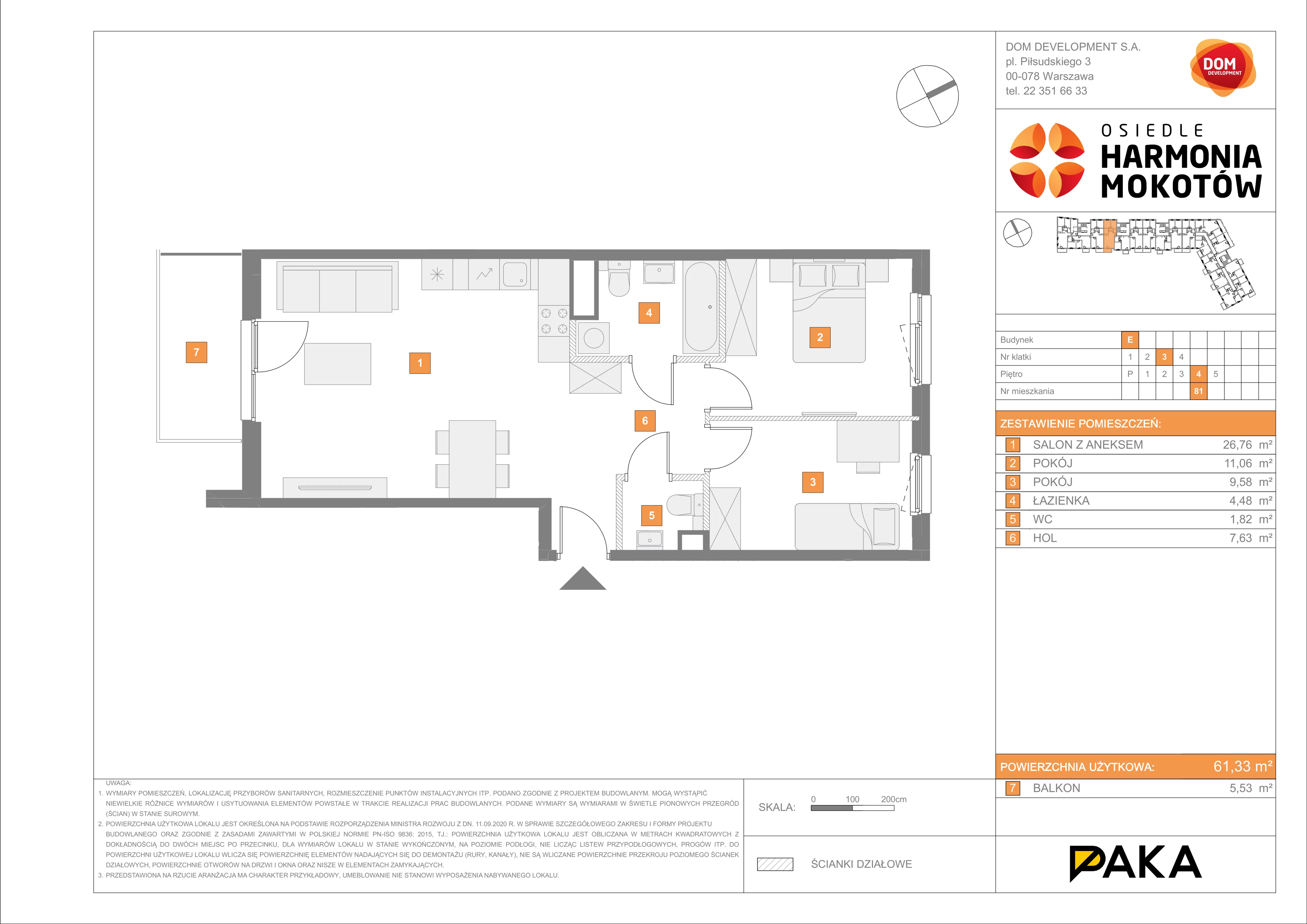 3 pokoje, mieszkanie 61,33 m², piętro 4, oferta nr E/81, Harmonia Mokotów, Warszawa, Mokotów, Siekierki, al. Polski Walczącej / Józefa Becka