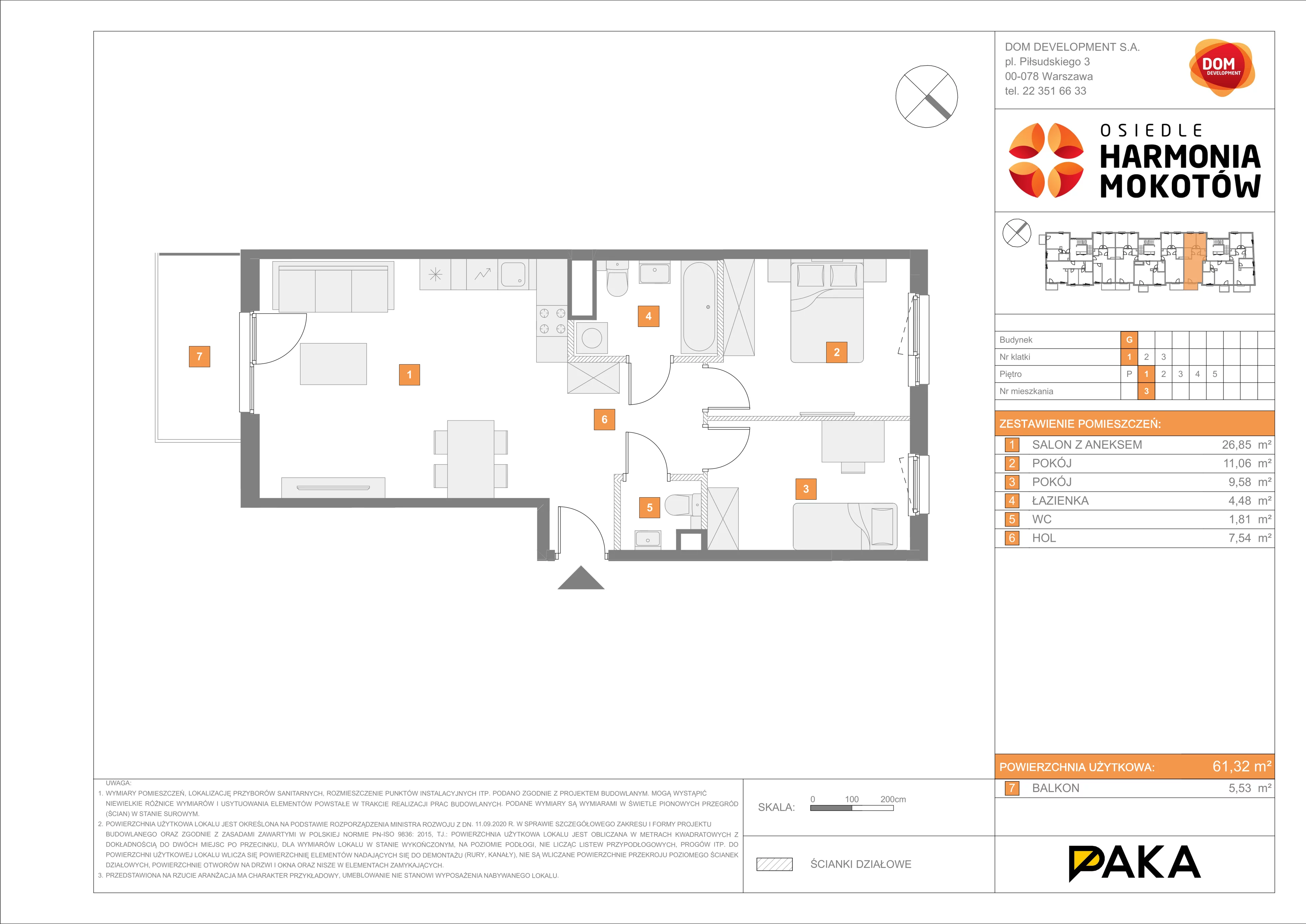 3 pokoje, mieszkanie 61,32 m², piętro 1, oferta nr G/3, Harmonia Mokotów, Warszawa, Mokotów, Siekierki, al. Polski Walczącej / Józefa Becka