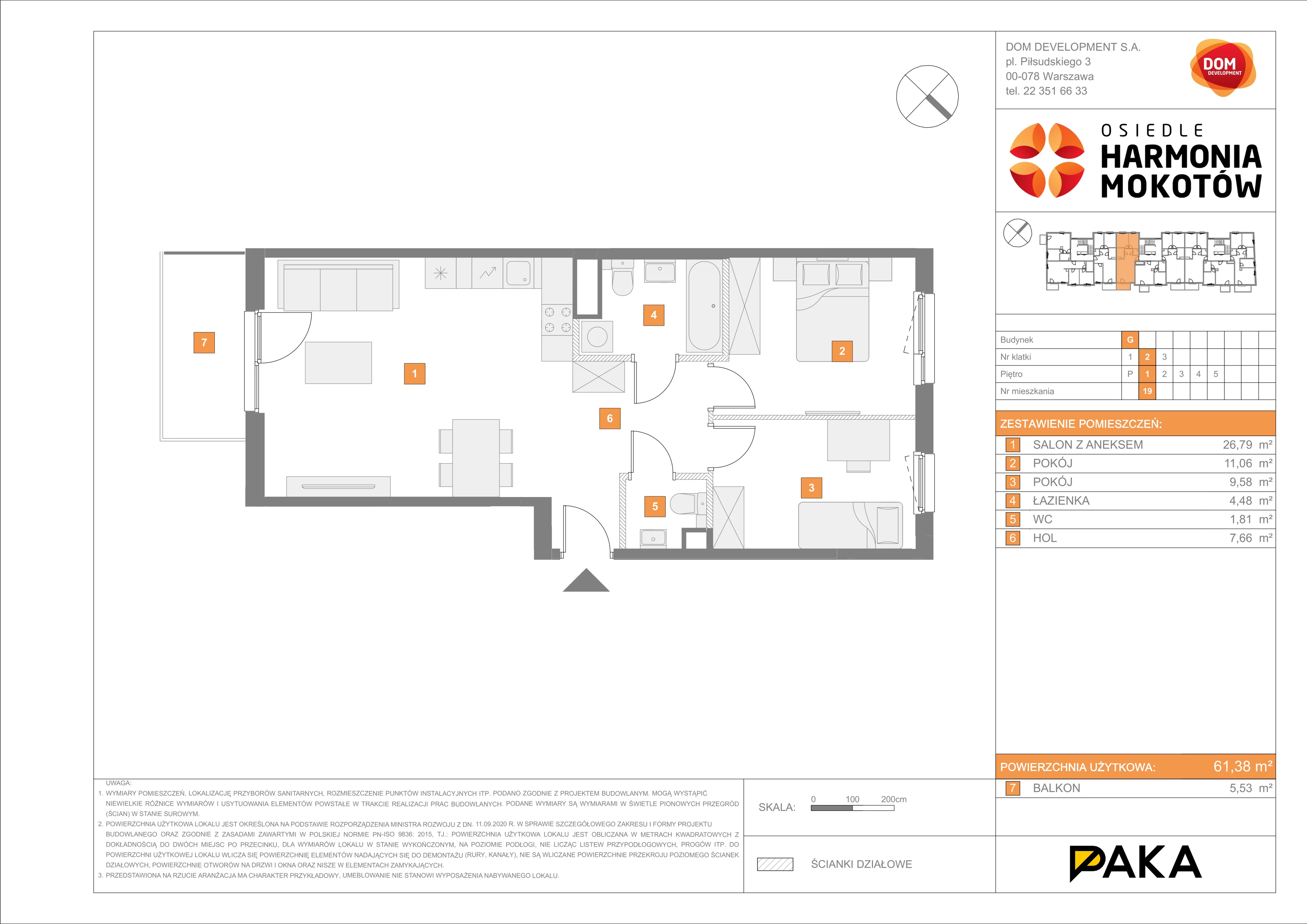 3 pokoje, mieszkanie 61,38 m², piętro 1, oferta nr G/19, Harmonia Mokotów, Warszawa, Mokotów, Siekierki, al. Polski Walczącej / Józefa Becka