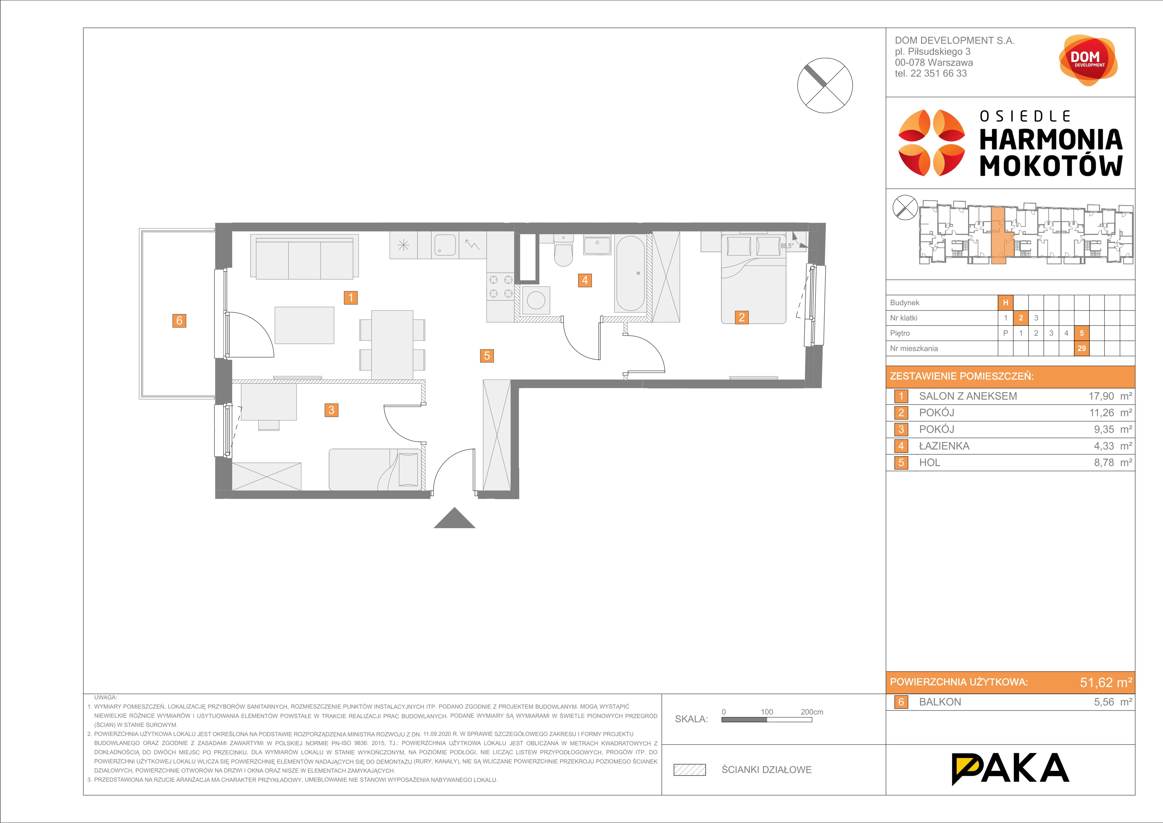 3 pokoje, mieszkanie 51,62 m², piętro 5, oferta nr H/29, Harmonia Mokotów etap 3, Warszawa, Mokotów, Siekierki, al. Polski Walczącej