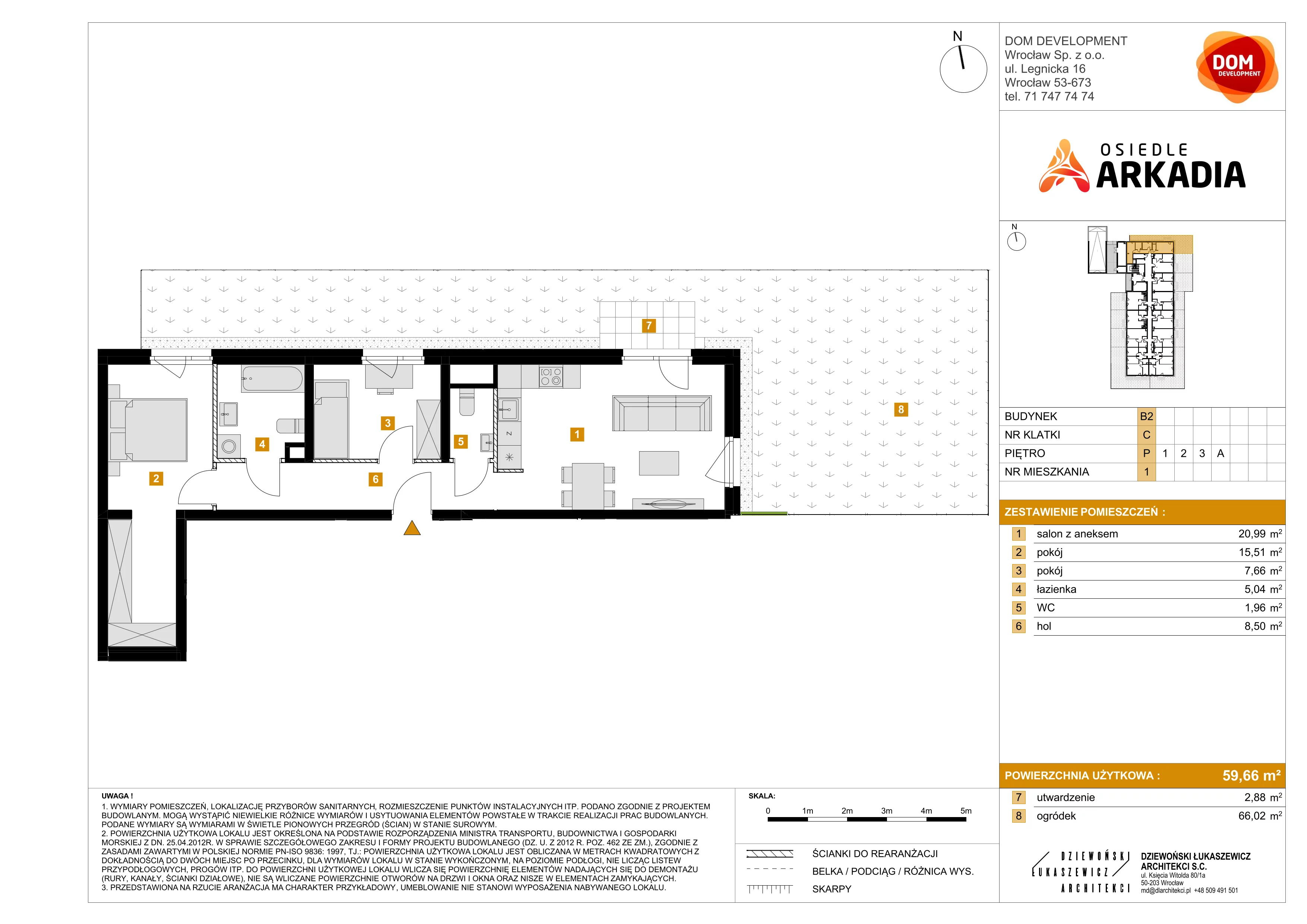 3 pokoje, mieszkanie 59,66 m², parter, oferta nr B2/1, Osiedle Arkadia, Wrocław, Polanowice-Poświętne-Ligota, Poświętne, ul. Ramiszowska 6