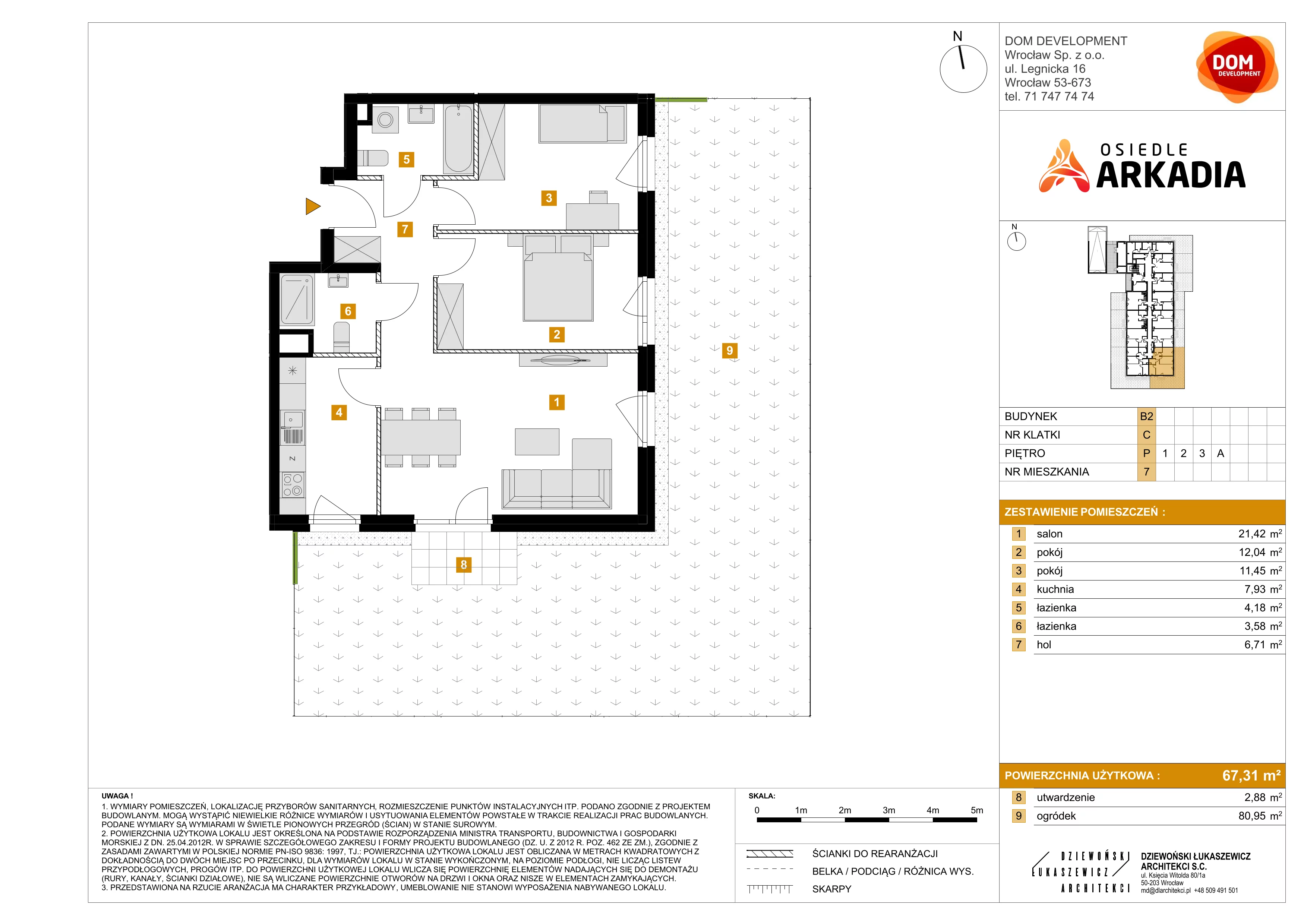 3 pokoje, mieszkanie 67,31 m², parter, oferta nr B2/7, Osiedle Arkadia, Wrocław, Polanowice-Poświętne-Ligota, Poświętne, ul. Ramiszowska 6