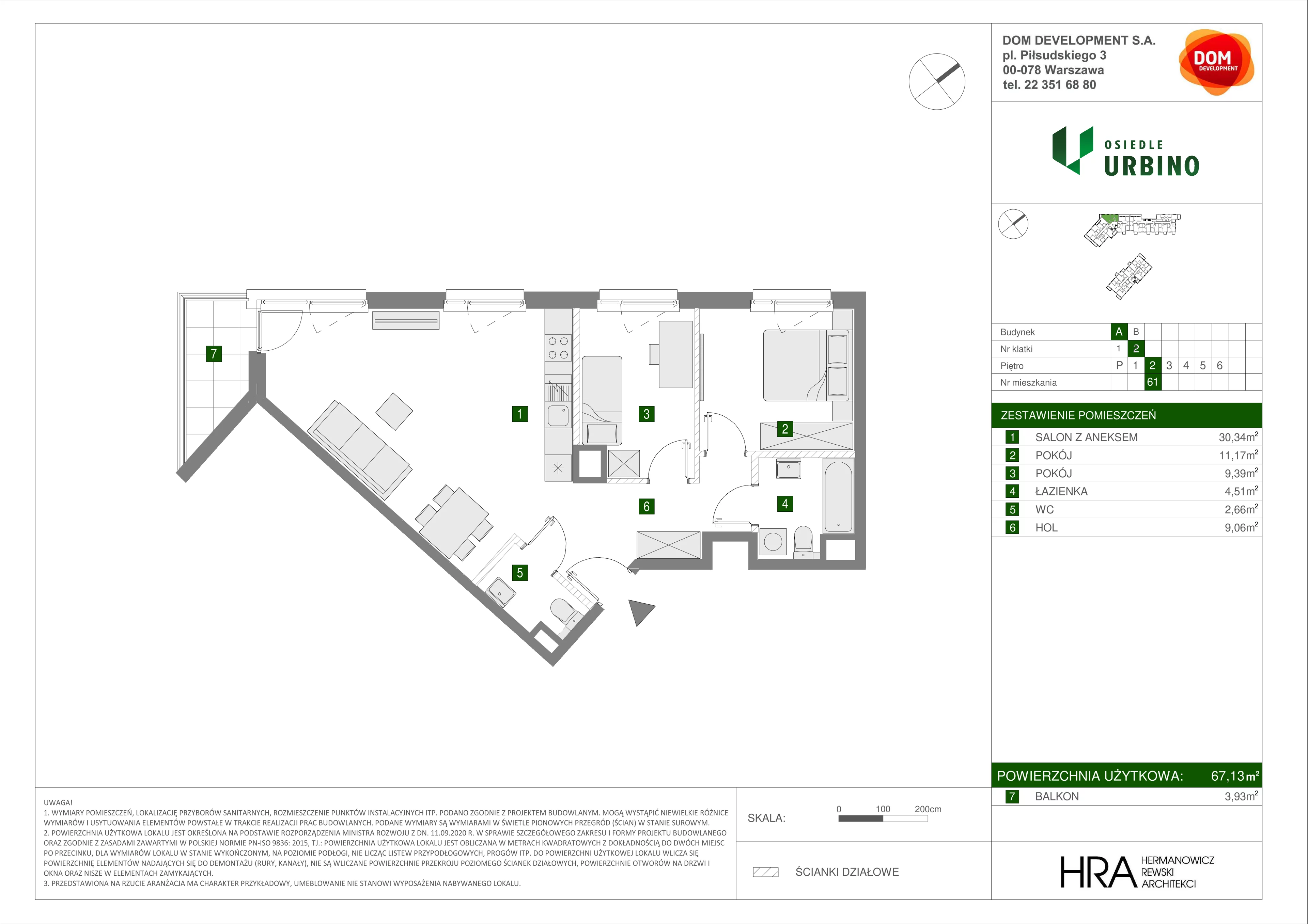 3 pokoje, mieszkanie 67,13 m², piętro 2, oferta nr A/61, Osiedle Urbino, Warszawa, Włochy, Raków, ul. Równoległa