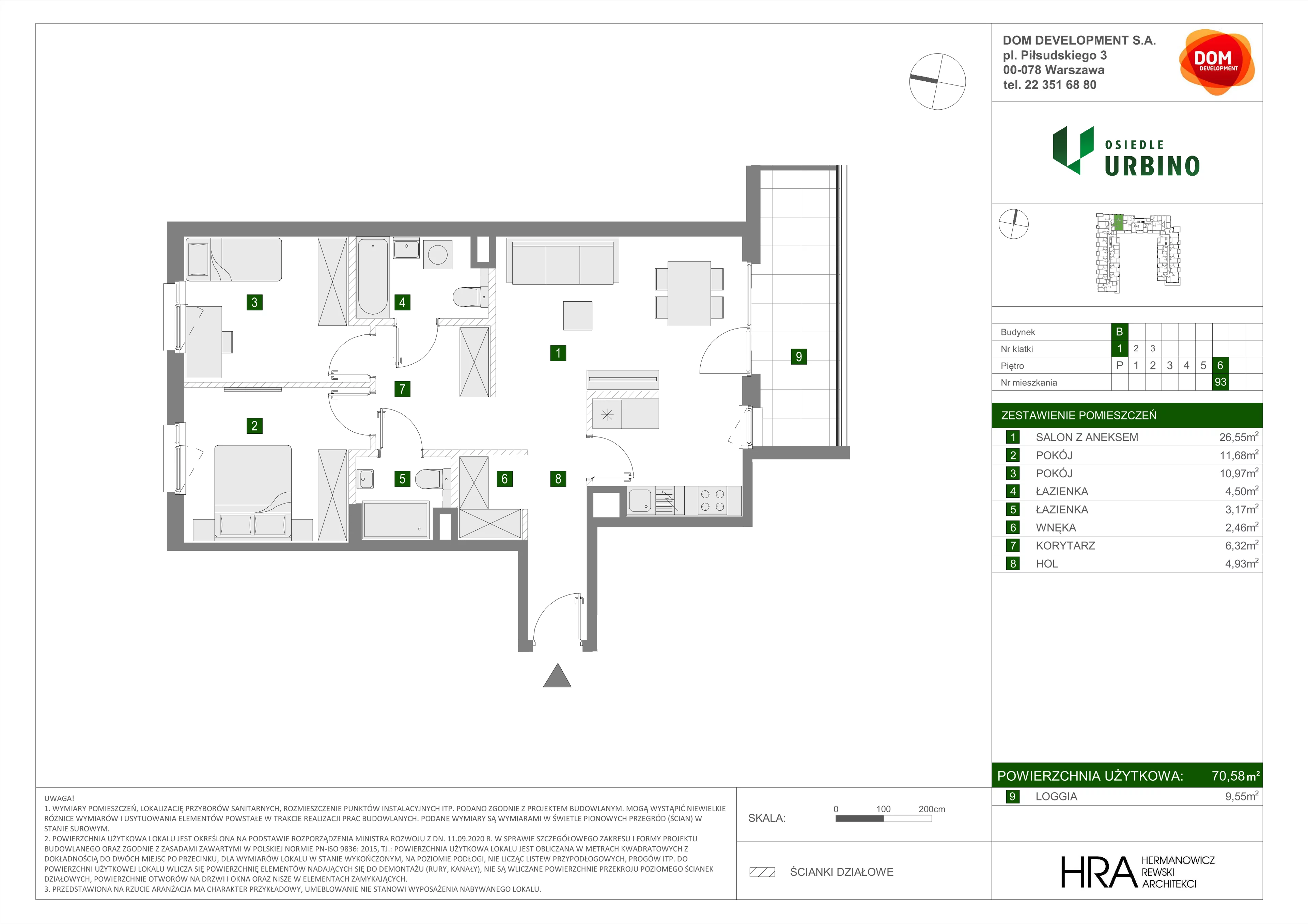 3 pokoje, mieszkanie 70,58 m², piętro 6, oferta nr B/93, Osiedle Urbino, Warszawa, Włochy, Raków, ul. Równoległa