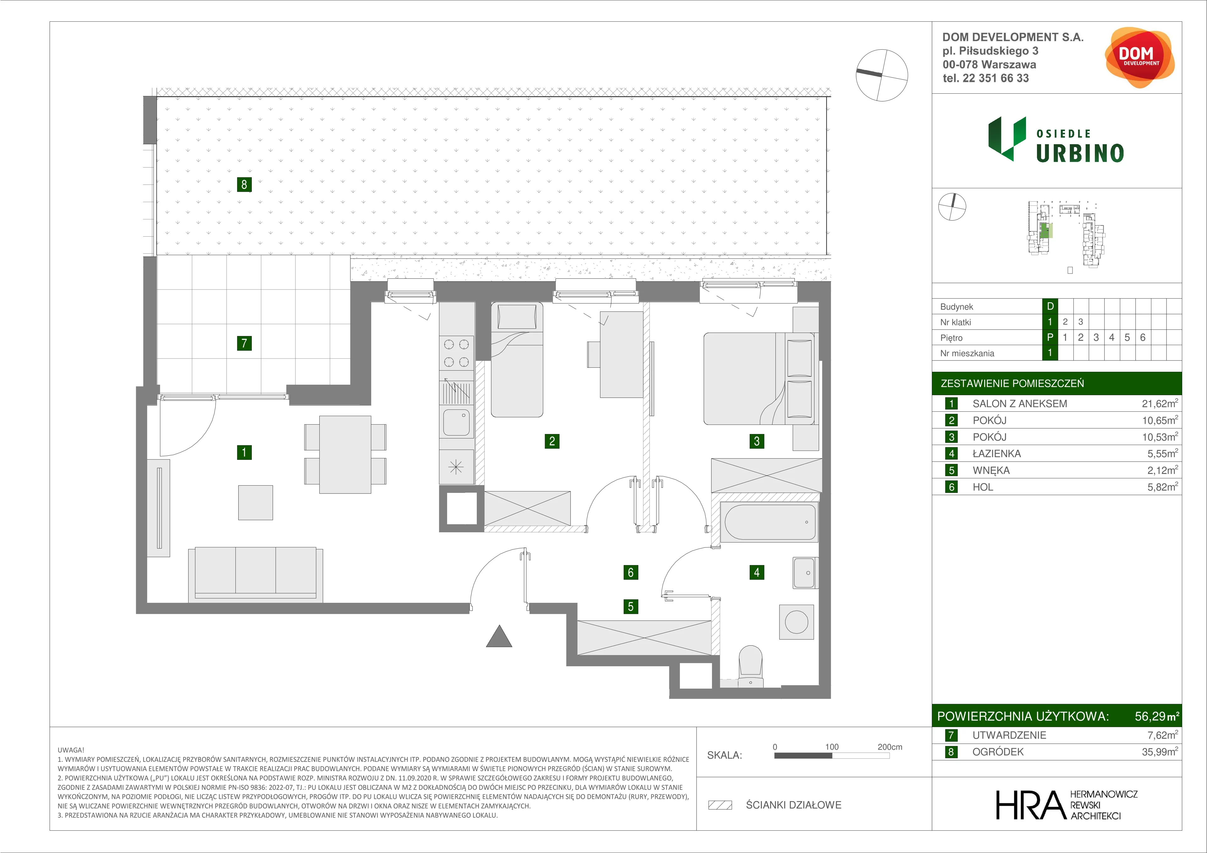 3 pokoje, mieszkanie 56,29 m², parter, oferta nr D/1, Osiedle Urbino 1.4, Warszawa, Włochy, Raków, ul. Równoległa