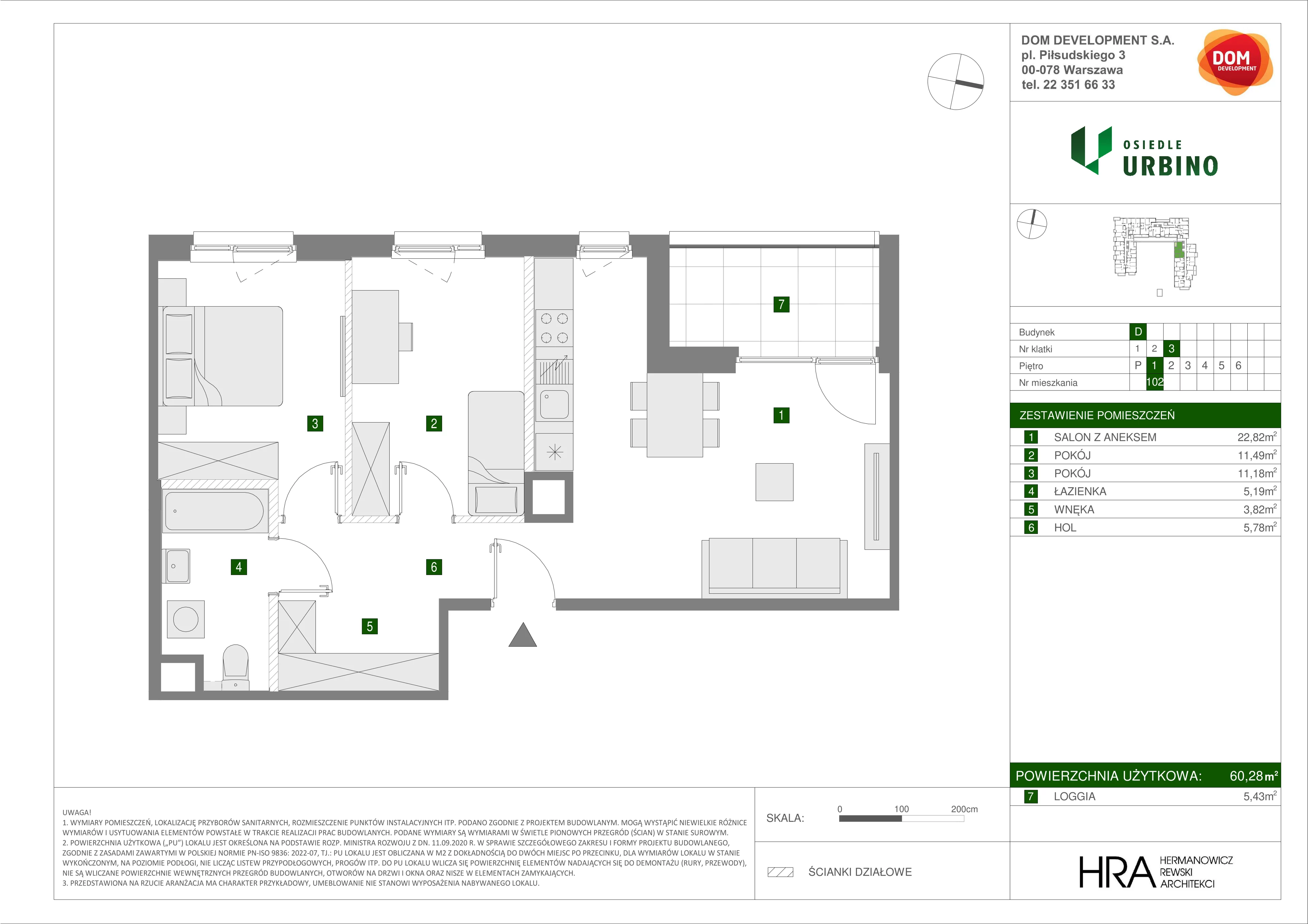 3 pokoje, mieszkanie 60,28 m², piętro 1, oferta nr D/102, Osiedle Urbino 1.4, Warszawa, Włochy, Raków, ul. Równoległa