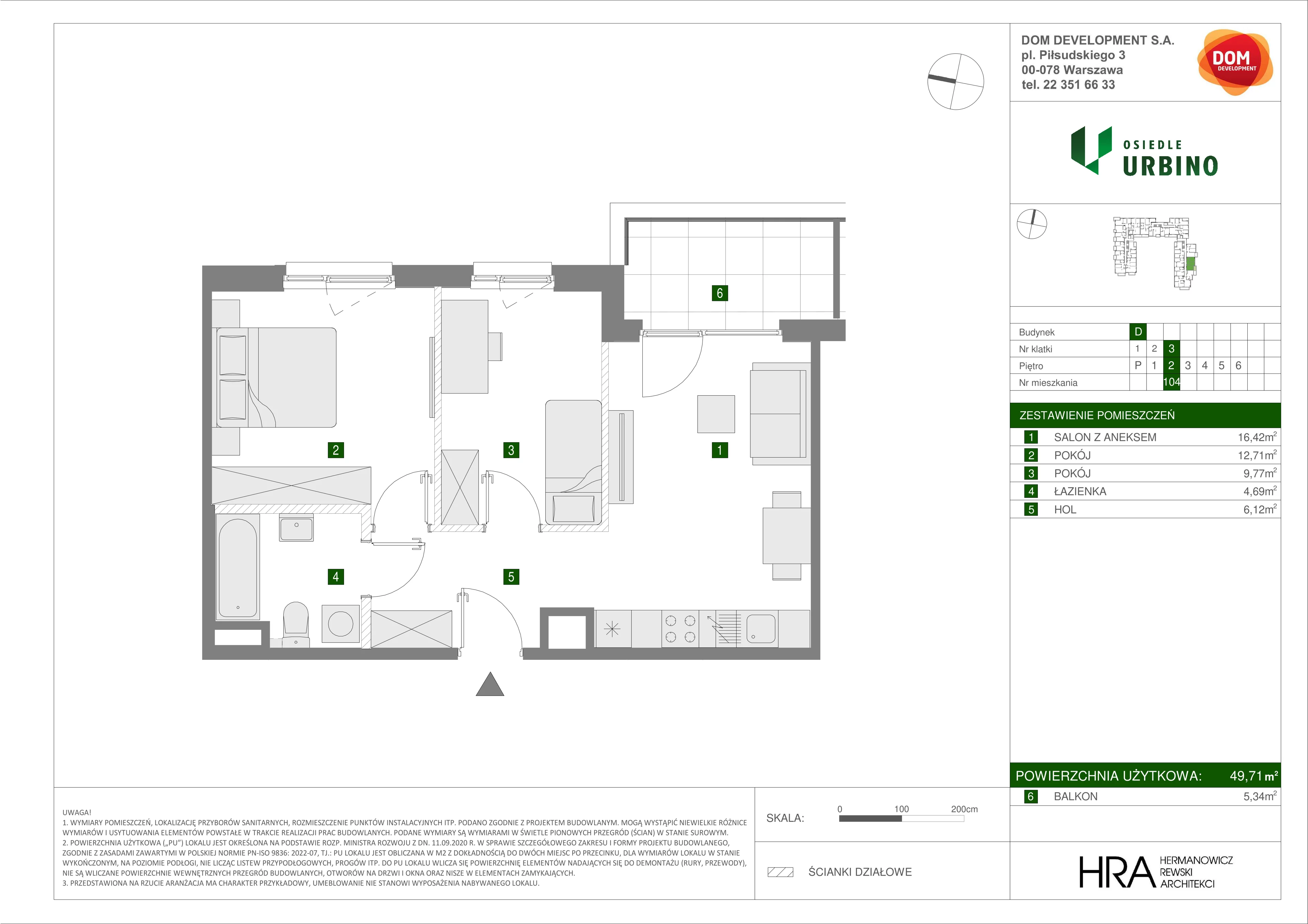 3 pokoje, mieszkanie 49,71 m², piętro 2, oferta nr D/104, Osiedle Urbino 1.4, Warszawa, Włochy, Raków, ul. Równoległa