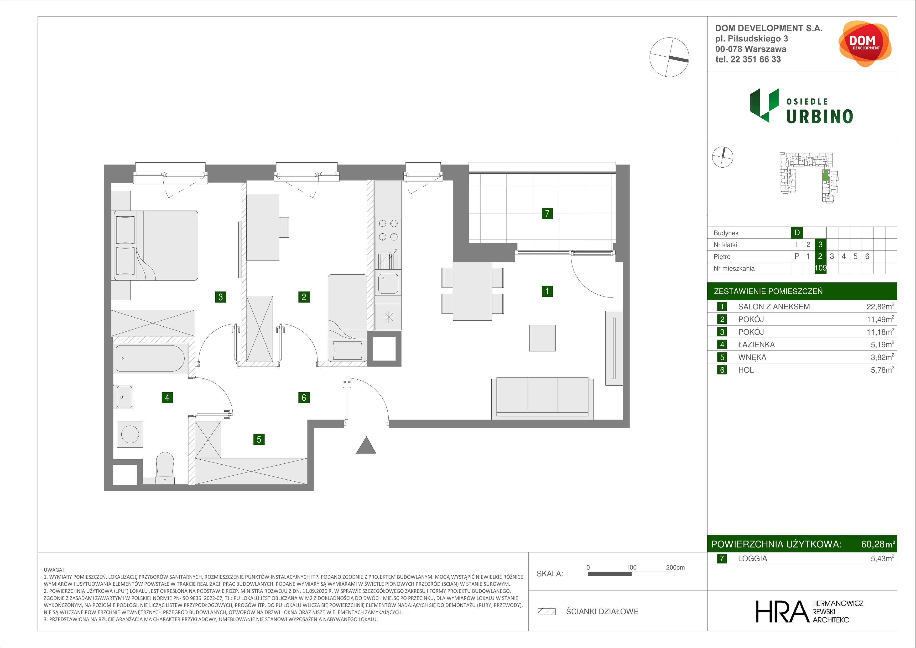 3 pokoje, mieszkanie 60,28 m², piętro 2, oferta nr D/109, Osiedle Urbino 1.4, Warszawa, Włochy, Raków, ul. Równoległa