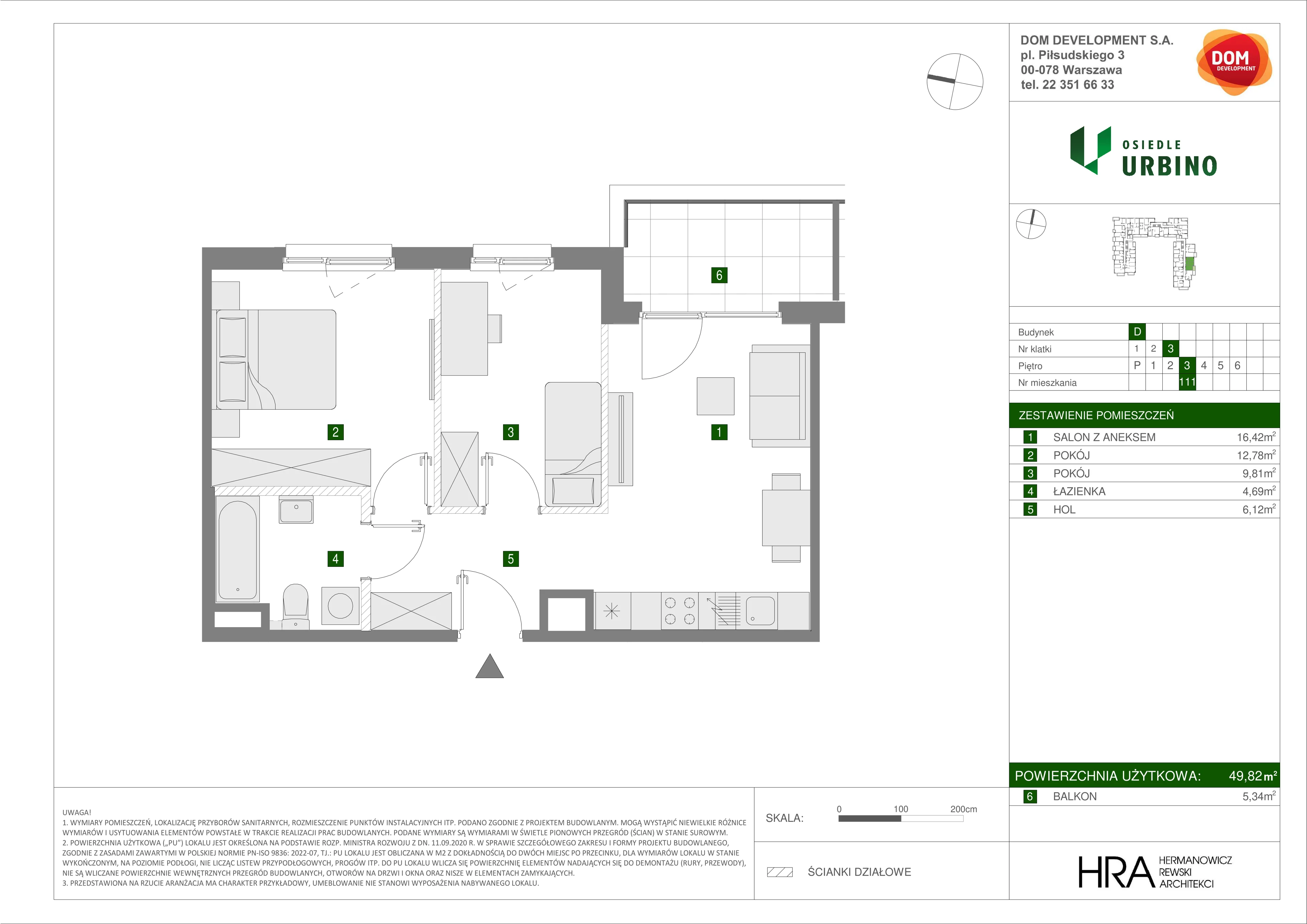 3 pokoje, mieszkanie 49,82 m², piętro 3, oferta nr D/111, Osiedle Urbino 1.4, Warszawa, Włochy, Raków, ul. Równoległa