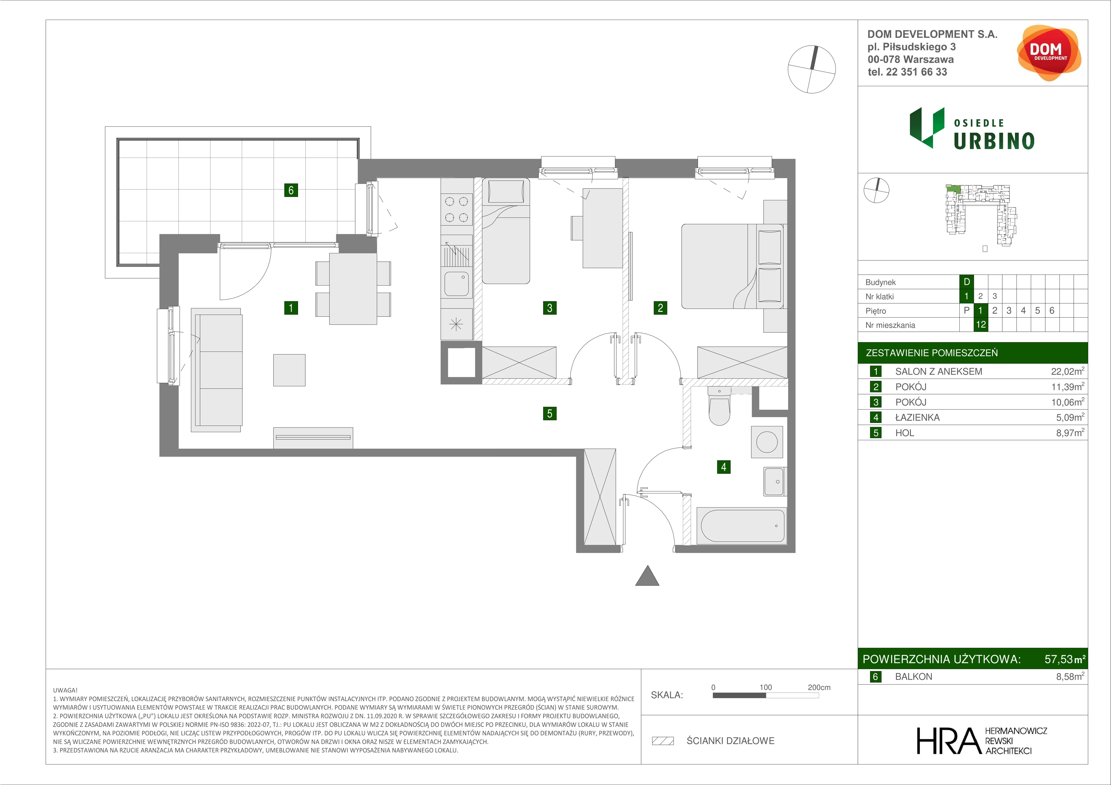 3 pokoje, mieszkanie 57,53 m², piętro 1, oferta nr D/12, Osiedle Urbino 1.4, Warszawa, Włochy, Raków, ul. Równoległa