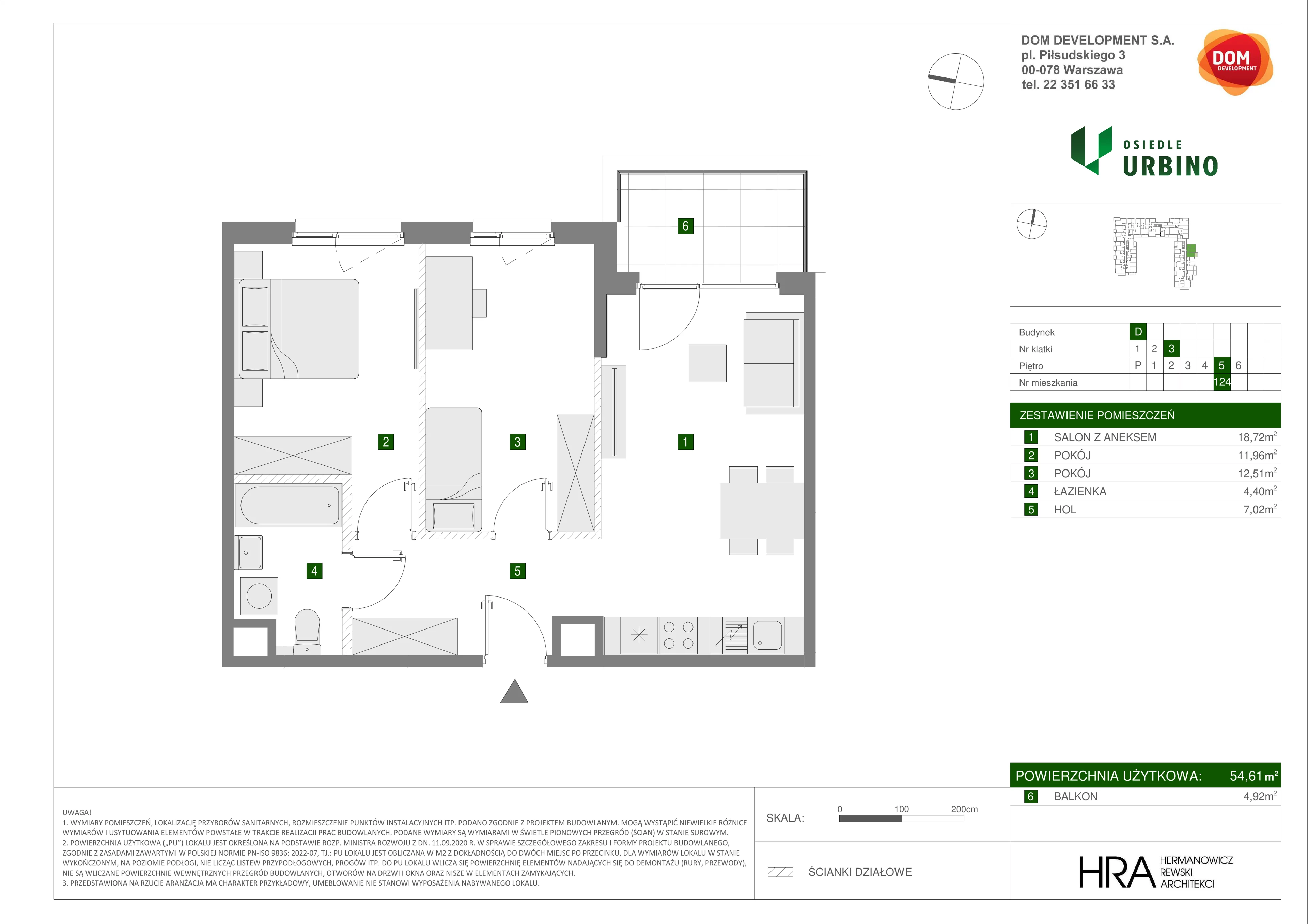 3 pokoje, mieszkanie 54,61 m², piętro 5, oferta nr D/124, Osiedle Urbino 1.4, Warszawa, Włochy, Raków, ul. Równoległa